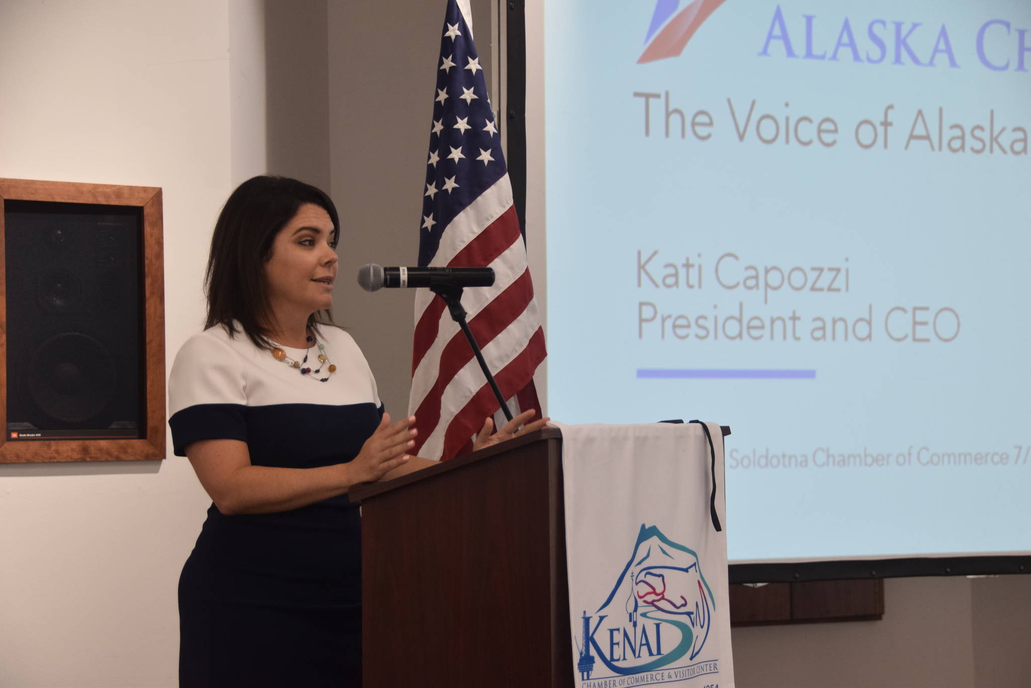 Kati Capozzi, president and CEO of the Alaska Chamber of Commerce, gives a presentation to the Kenai Chamber of Commerce on July 17, 2019. (Photo by Brian Mazurek/Peninsula Clarion)