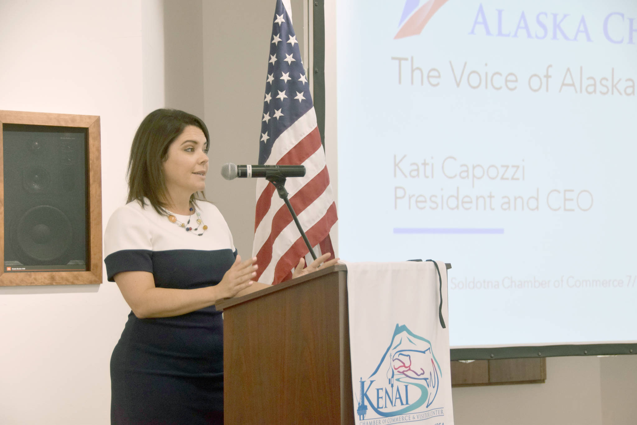 Kati Capozzi, president and CEO of the Alaska Chamber of Commerce, gives a presentation to the Kenai Chamber of Commerce on Wednesday. (Photo by Brian Mazurek/Peninsula Clarion)