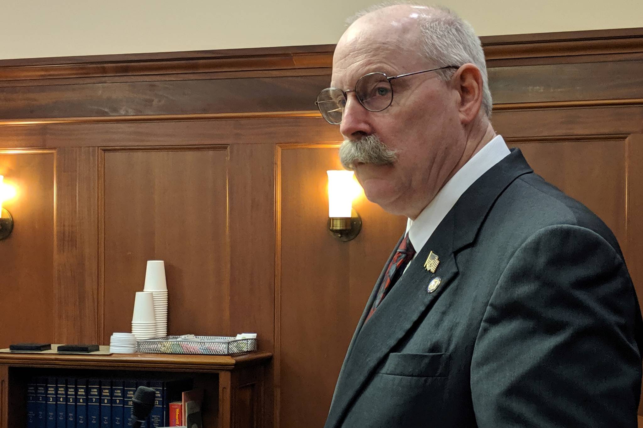 Sen. Bert Stedman, R-Sitka, speaks in favor of a senate bill that would reverse “the sweep” during a Senate floor session Saturday, July 20, 2019. (Ben Hohenstatt | Juneau Empire)