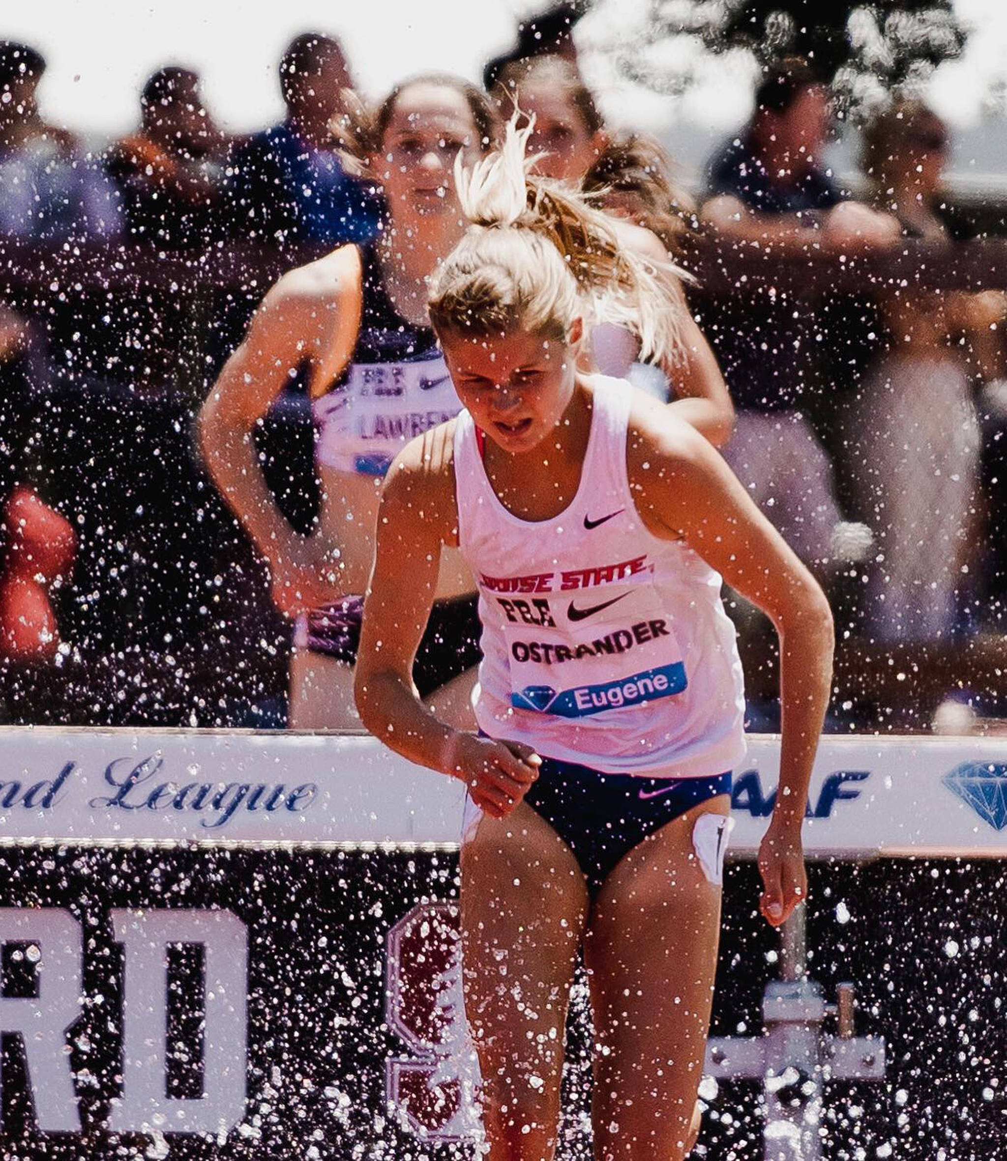 Boise State’s Allie Ostrander competes in the women’s 3,000-meter steeplechase final June 30 at the Prefontaine Classic at Stanford University in California. (Photo taken by Cortney White)