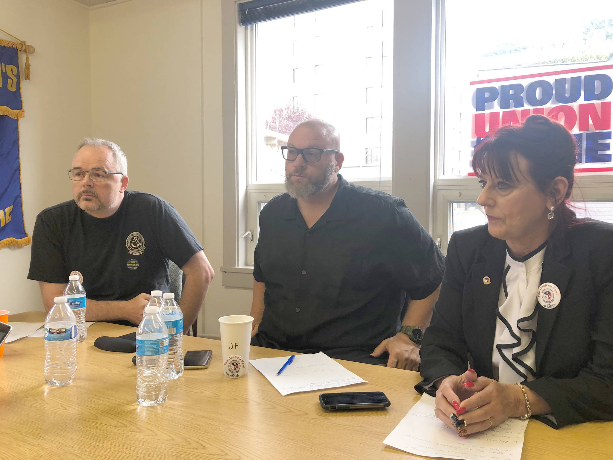 From left to right: Robb Arnorld, John Fageaux, IBU President Marina Secchitano, at the IBU office in Juneau on Wednesday. (Peter Segall | Juneau Empire)