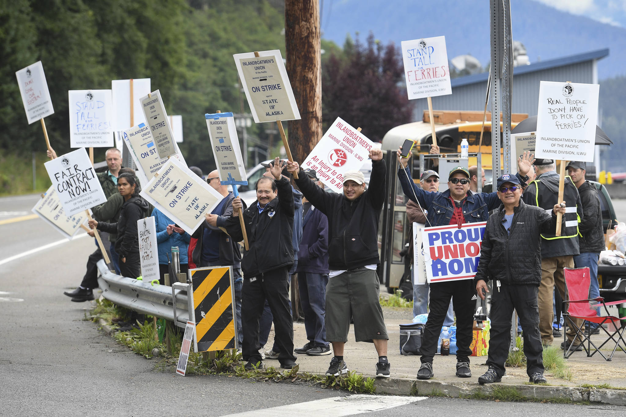 Michael Penn | Juneau Empire                                Members of the Inland Boatmen’s Union of the Pacific picket in front of the Auke Bay Terminal on Thursday. The union called a strike on Wednesday over failed negotiations with Gov. Mike Dunleavy’s administration.