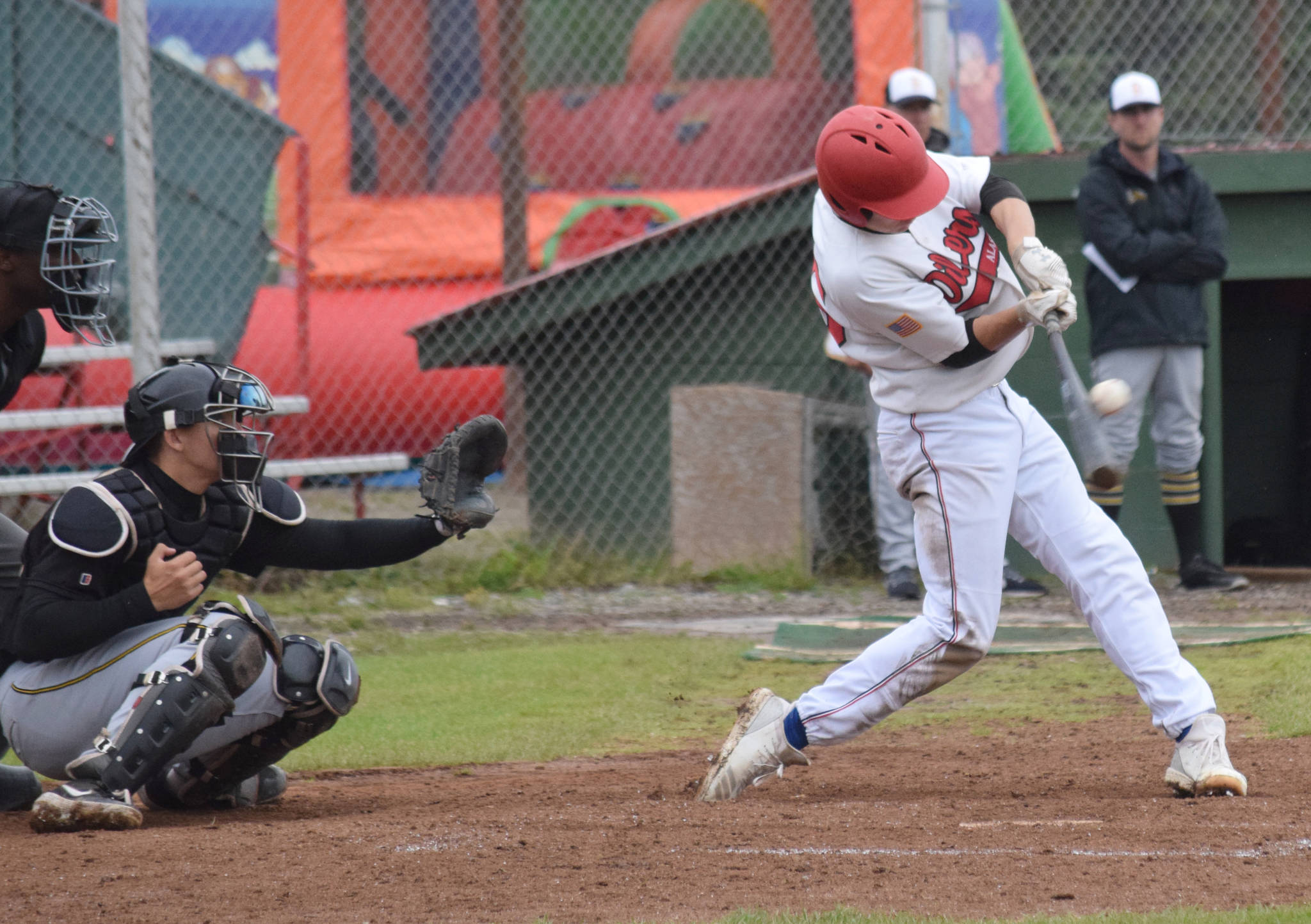 Peninsula Oilers’ Travis Bohall works on a 4-for-5 game against the Anchorage Bucs on Friday at Coral Seymour Memorial Park in Kenai. (Photo by Jeff Helminiak/Peninsula Clarion)