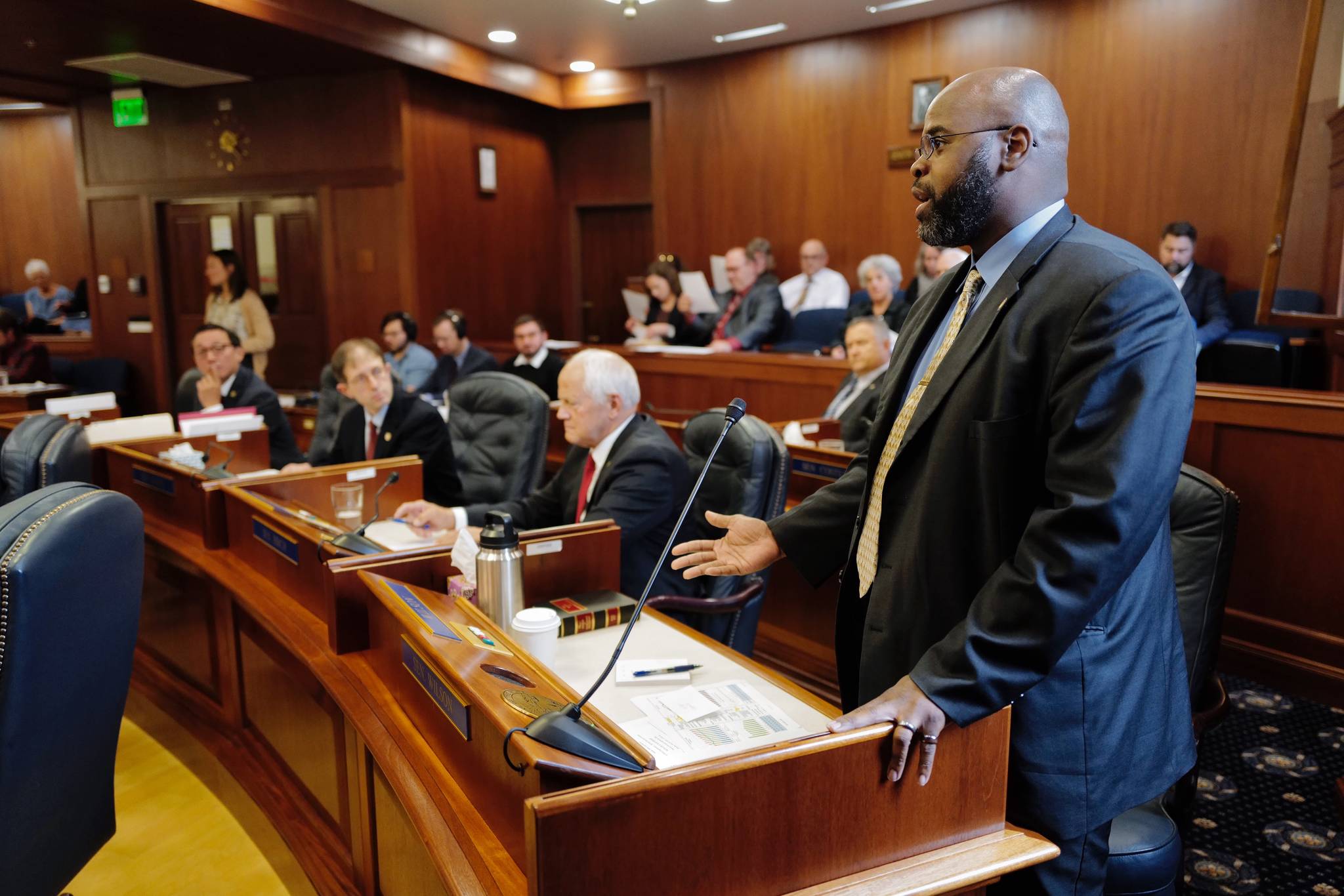 Sen. David Wilson offers an amendment to the operating budget at the Capitol on Monday, July 29, 2019. Sen. Wilson’s amendment would pay $1,400 as part two of an Alaskan permanent fund dividend. It was voted down. (Michael Penn | Juneau Empire)