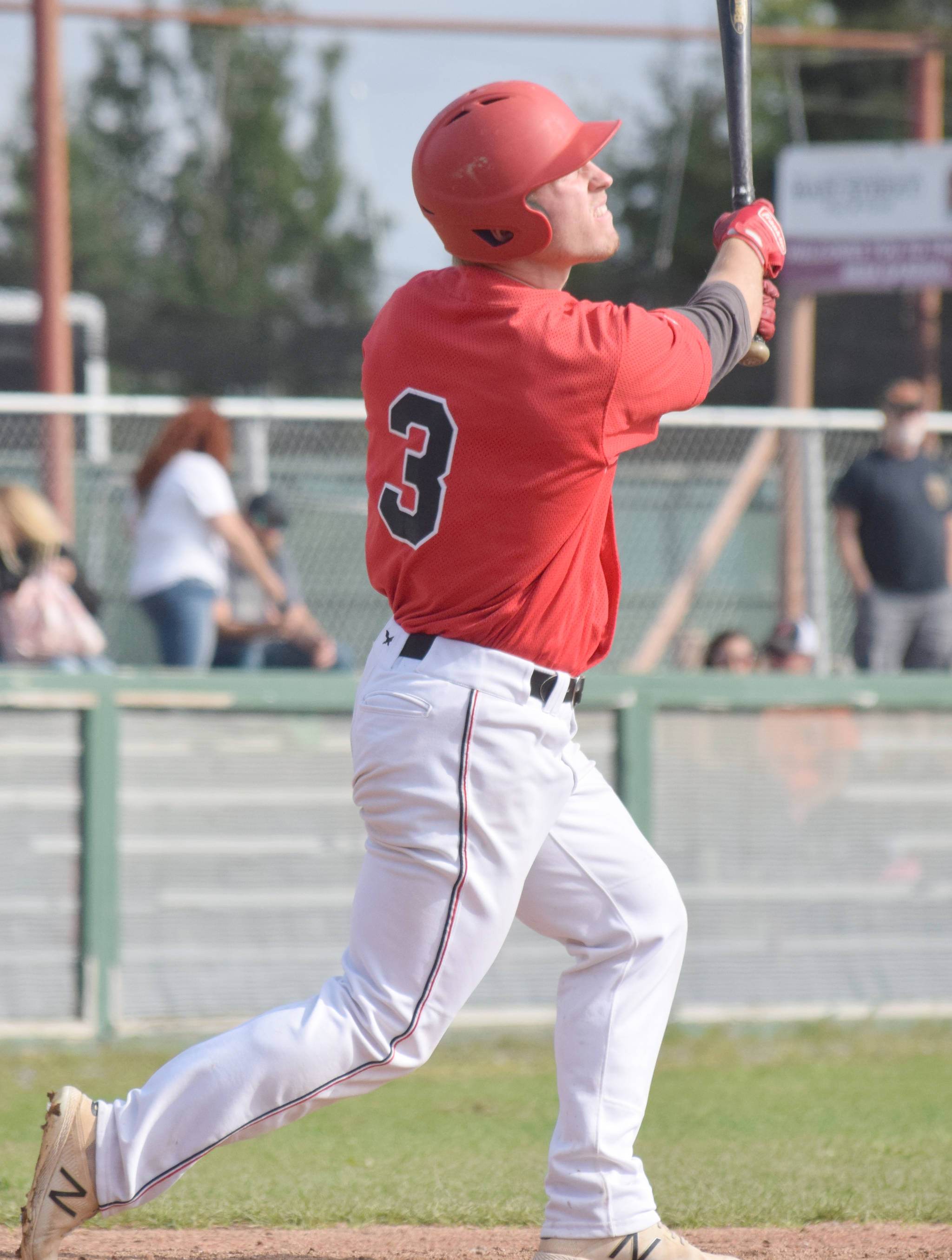 Peninsula Oilers center fielder Paul Steffensen, a 2017 graduate of Kenai Central, bats against the Anchorage Bucs on Sunday, July 28, 2019, at Coral Seymour Memorial Park in Kenai, Alaska. (Photo by Jeff Helminiak/Peninsula Clarion)