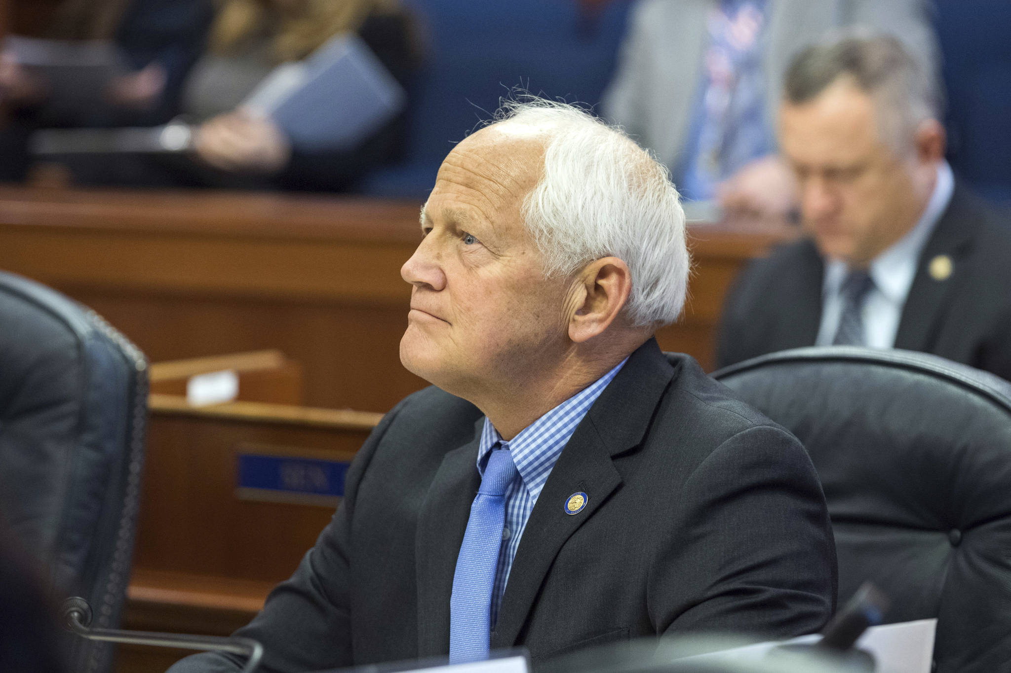 In this Wednesday, Jan. 16, 2019 photo, Sen. Chris Birch, R-Anchorage, listens to other senators during a Senate session at the Alaska State Capitol in Juneau. Birch, a former state House member who also served on the Fairbanks North Star Borough and Anchorage assemblies, has died, his family said in a statement Thursday, Aug. 8, 2019. He was 68. Birch died Wednesday, Aug. 7 of a torn or ruptured aorta after experiencing chest pains and being taken to an Anchorage hospital, the family said. (Loren Holmes/Anchorage Daily News via AP)