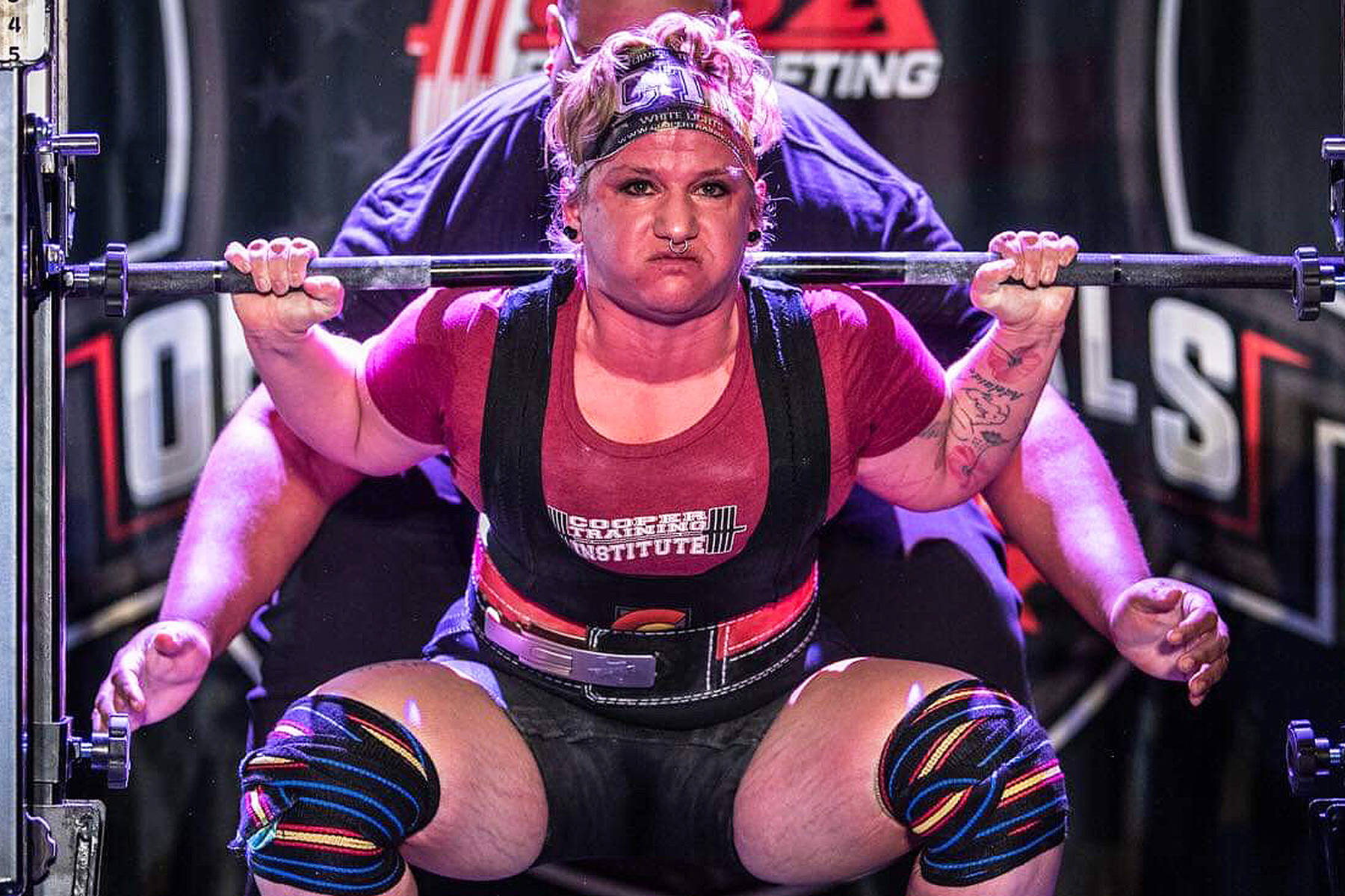 Nikiski’s Billie Denison competes in the squat during the USA Powerlifting Open Nationals in Lombard, Illinois, on May 10, 2019. (Photo courtesy 9for9 Media)