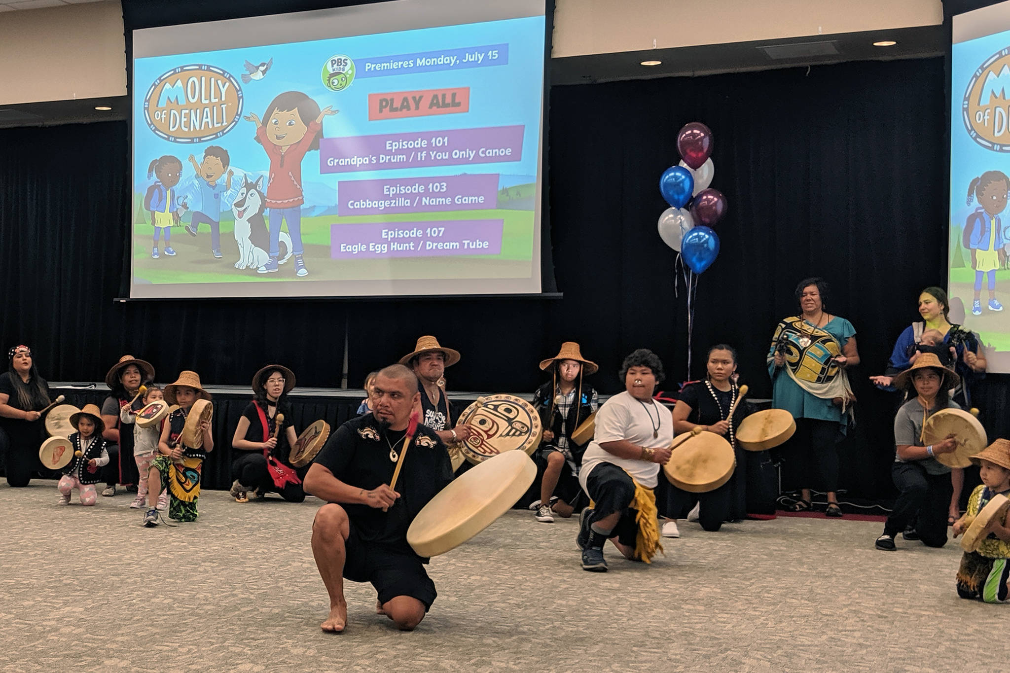 Woosh.ji.een dance group performs at a “Molly of Denali” Juneau premiere at Elizabeth Peratrovich Hall, Aug. 11, 2019.