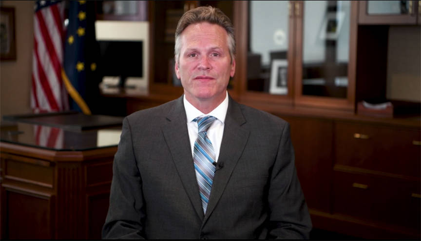 Gov. Mike Dunleavy makes an announcement via pre-recorded video on House Bill 2001 and the Permanent Fund Dividend on Monday, August 19, 2019.