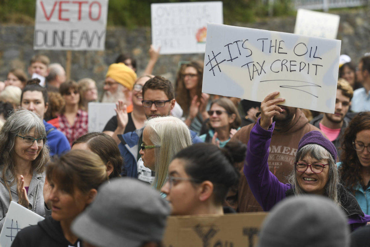 Over hundred people gather in front of the Governor’s Mansion to protest budget vetoes by Gov. Mike Dunleavy on Friday, July 12, 2019. (Michael Penn | Juneau Empire)