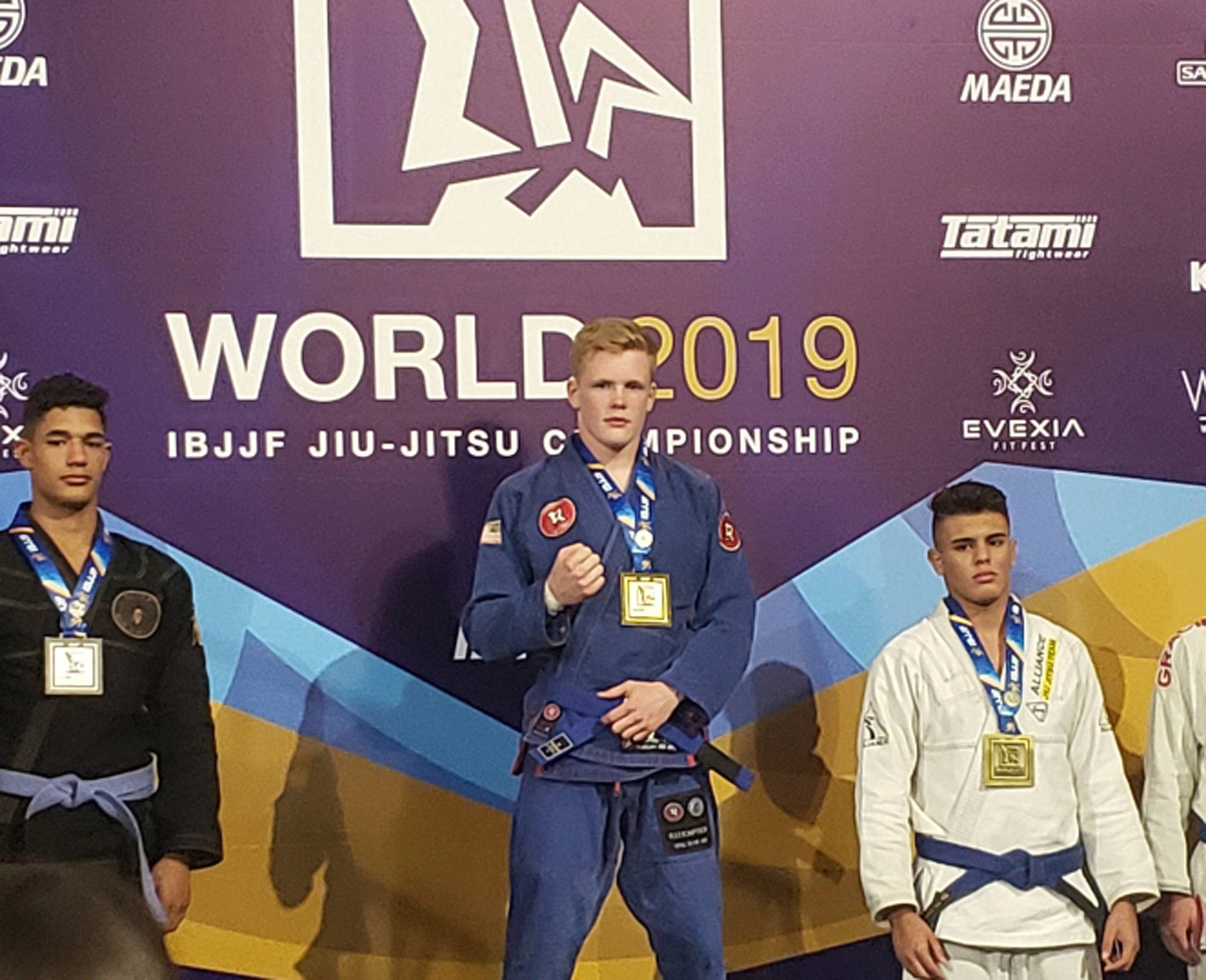 Soldotna’s Sean Babitt stands atop the podium at the IBJJF World Championships June 1 in Long Beach, California. (Photo by Jeff Babitt)