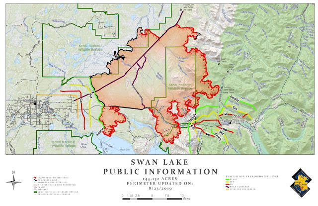 The updated Swan Lake Fire Map for Friday, Aug. 23, 2019, in Kenai, Alaska. (Photo courtesy of the Kenai Peninsula Borough Office of Emergency Management)