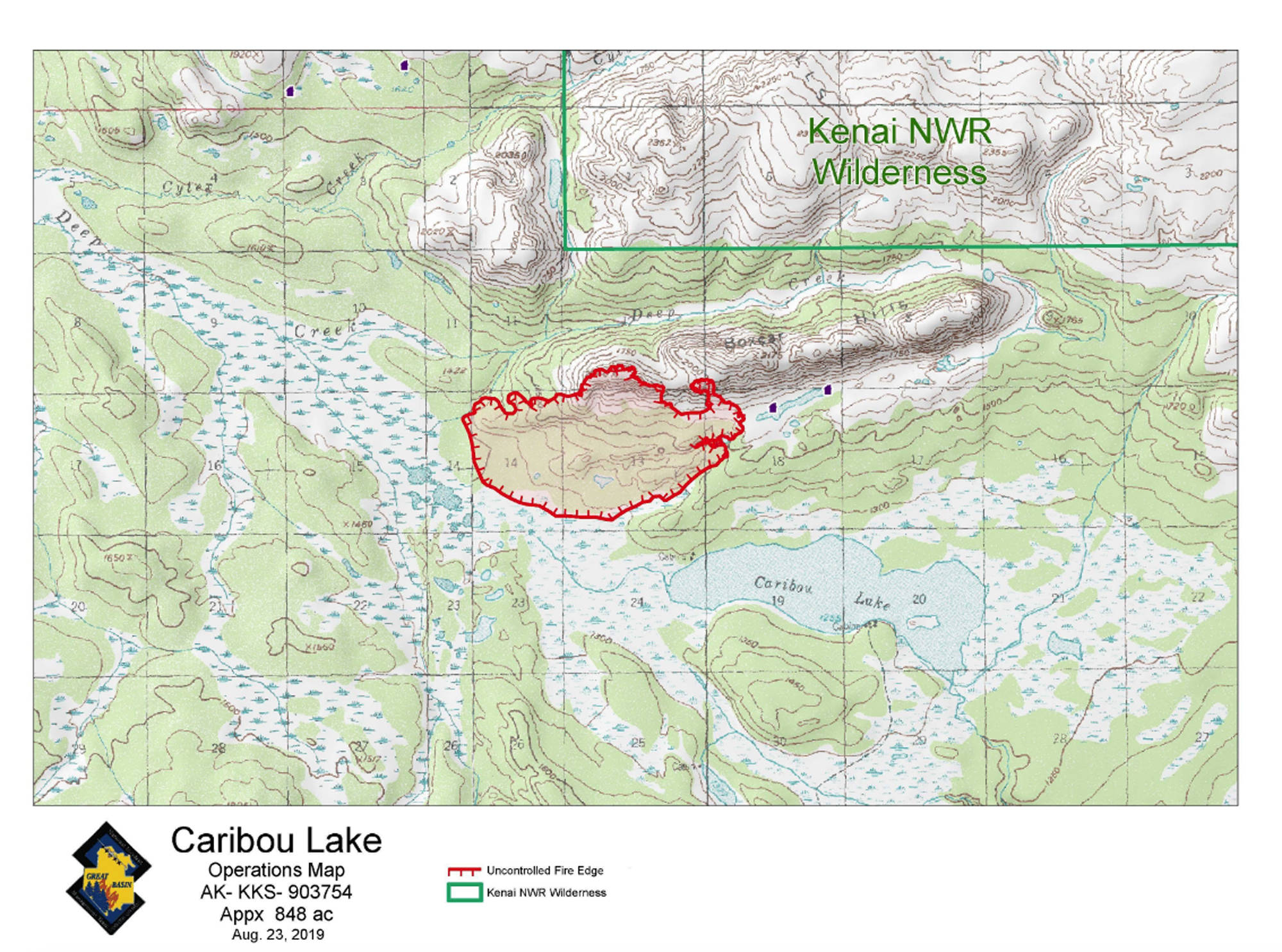 This map provided by the Great Basin National Incident Management Team 1 shows the perimeter of the Caribou Lake Fire, burning about 25 miles northeast of Homer, Alaska. (Image courtesy Great Basin National Incident Management Team 1)