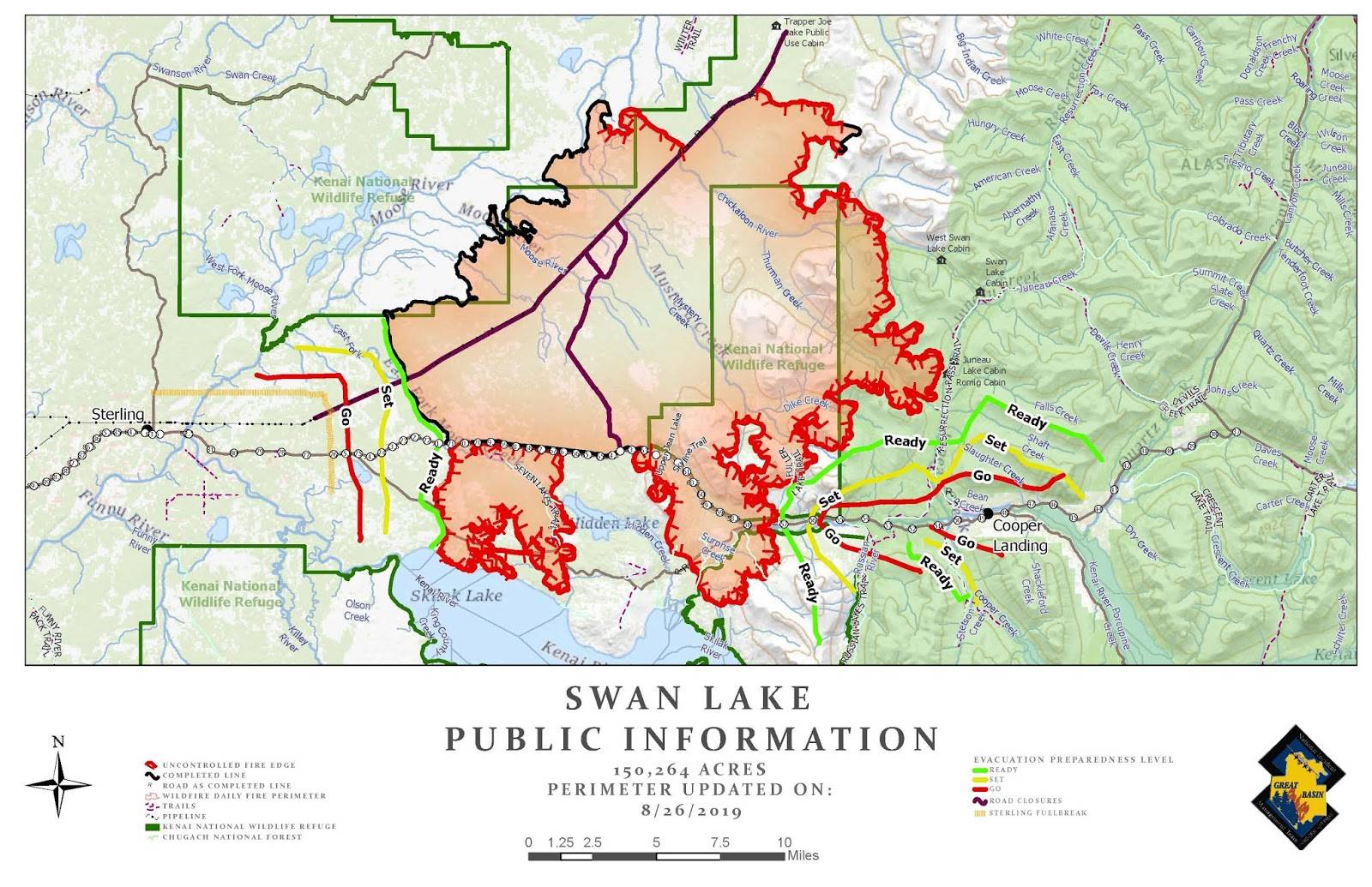 The Monday, Aug. 26, 2019 map of the Swan Lake Fire. (Photo courtesy of the Kenai Peninsula Borough Office of Emergency Management)