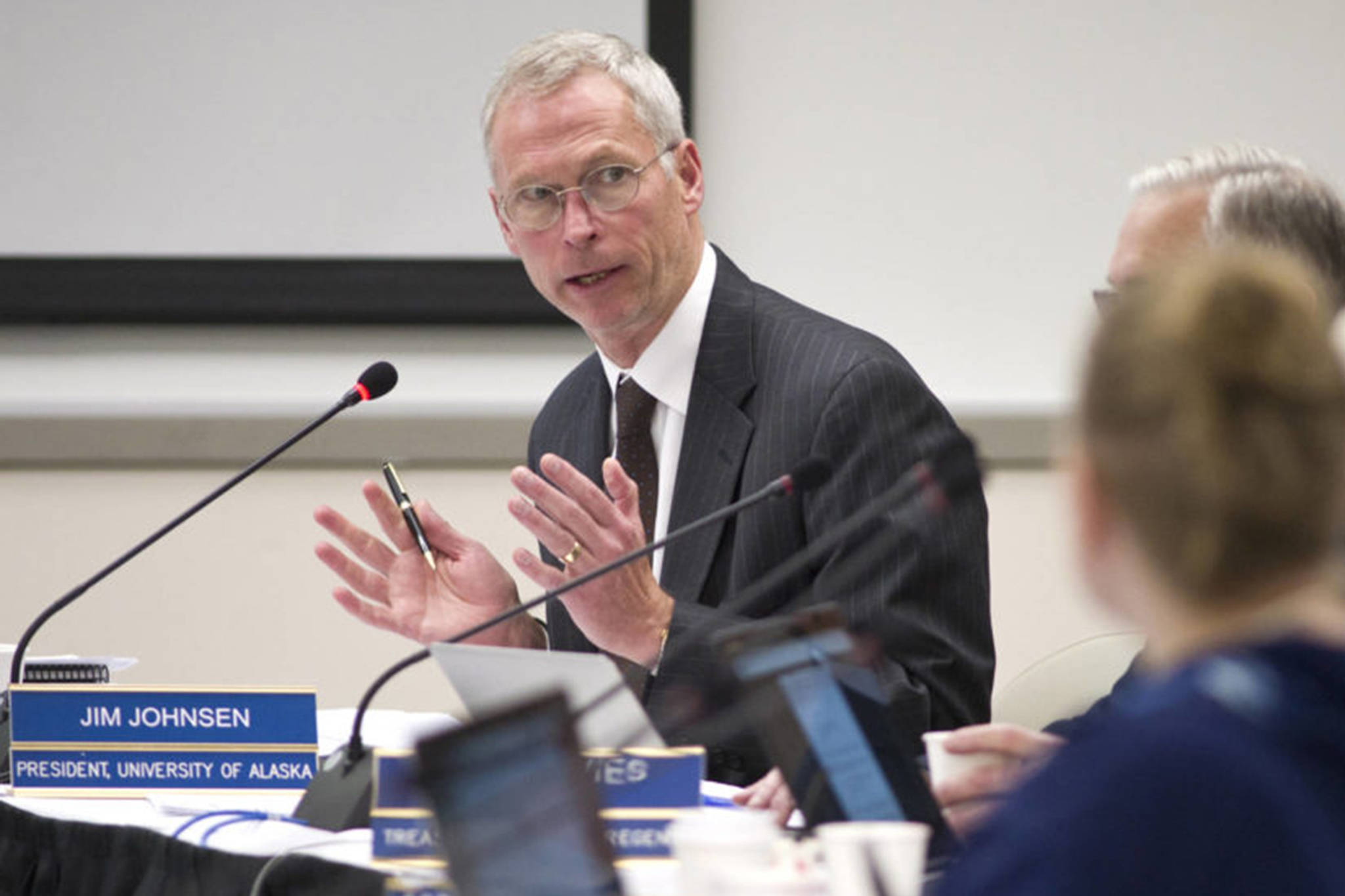 University of Alaska President Jim Johnsen makes a presentation to the university’s Board of Regents at the UAS Recreation Center on Sept. 15, 2016. (Michael Penn | Juneau Empire File)