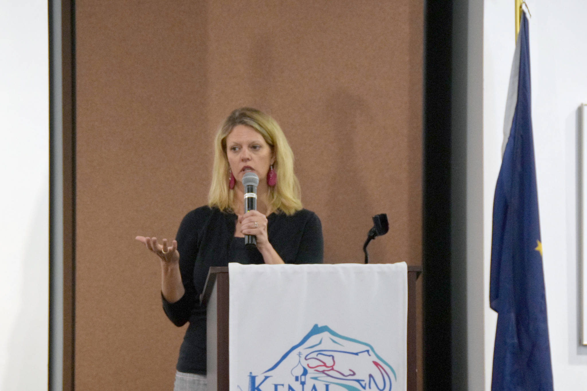 Kara Moriarty, President and CEO of the Alaska Oil and Gas Association, gives a presentation to the joint Kenai and Soldotna Chambers of Commerce at the Kenai Visitors Center in Kenai, Alaska on Wednesday, Aug. 21, 2019. (Photo by Brian Mazurek/Peninsula Clarion)