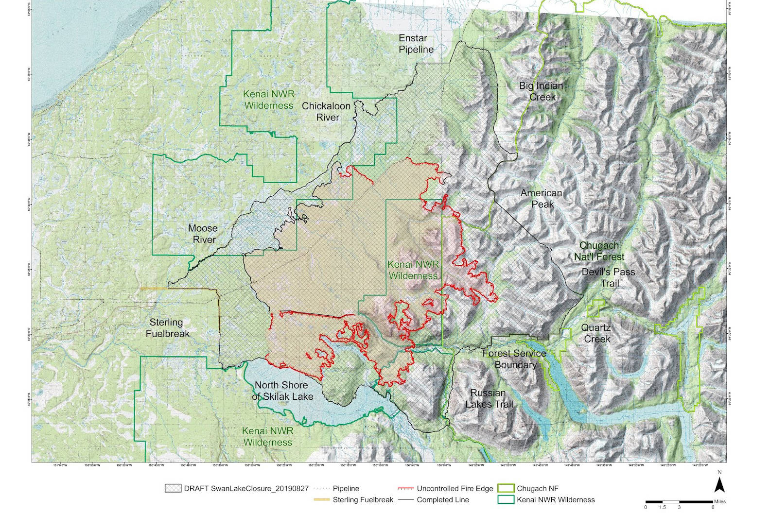This map shows the combined emergency area closure for the Kenai National Wildlife Refuge and Church National Forest effective Wednesday, Aug. 28, 2019. (U.S. Forest Service)