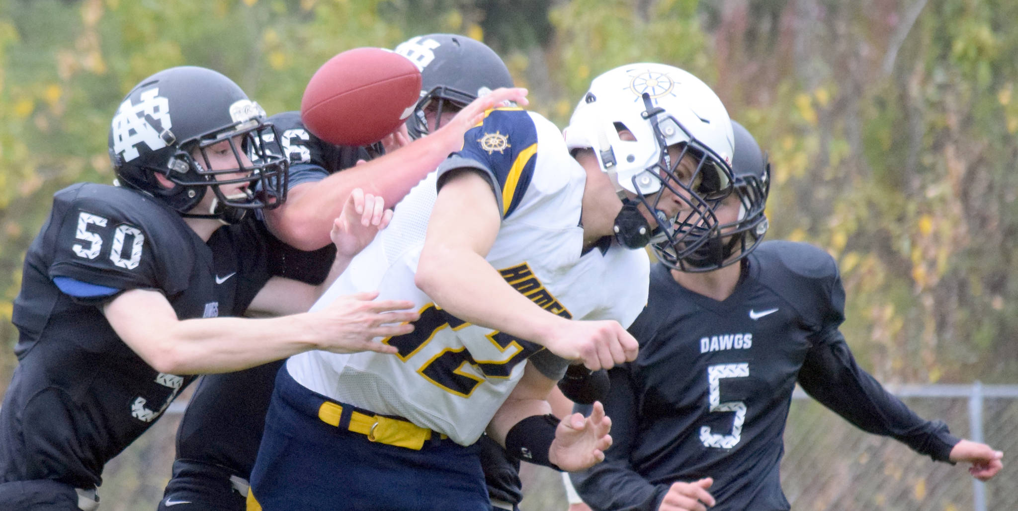 Nikiski’s Caleb Weeks, Drew Handley and Mason Payne sack Homer quarterback Anthony Kalugin and force a fumble Friday, Aug. 30, 2019, at Nikiski High School in Nikiski, Alaska. (Photo by Jeff Helminiak/Peninsula Clarion)