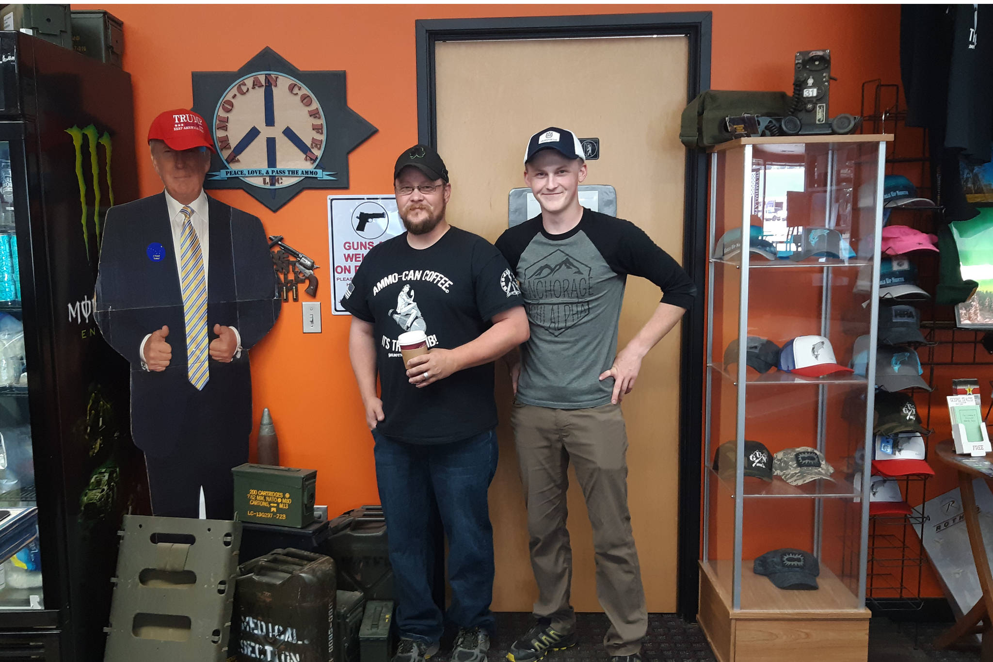 Ammo Can Coffee owner Jason Floyd, left, and his son Liam, right, are seen here at their coffee shop in Soldotna, Alaska on Aug. 16, 2019. (Photo by Brian Mazurek/Peninsula Clarion)