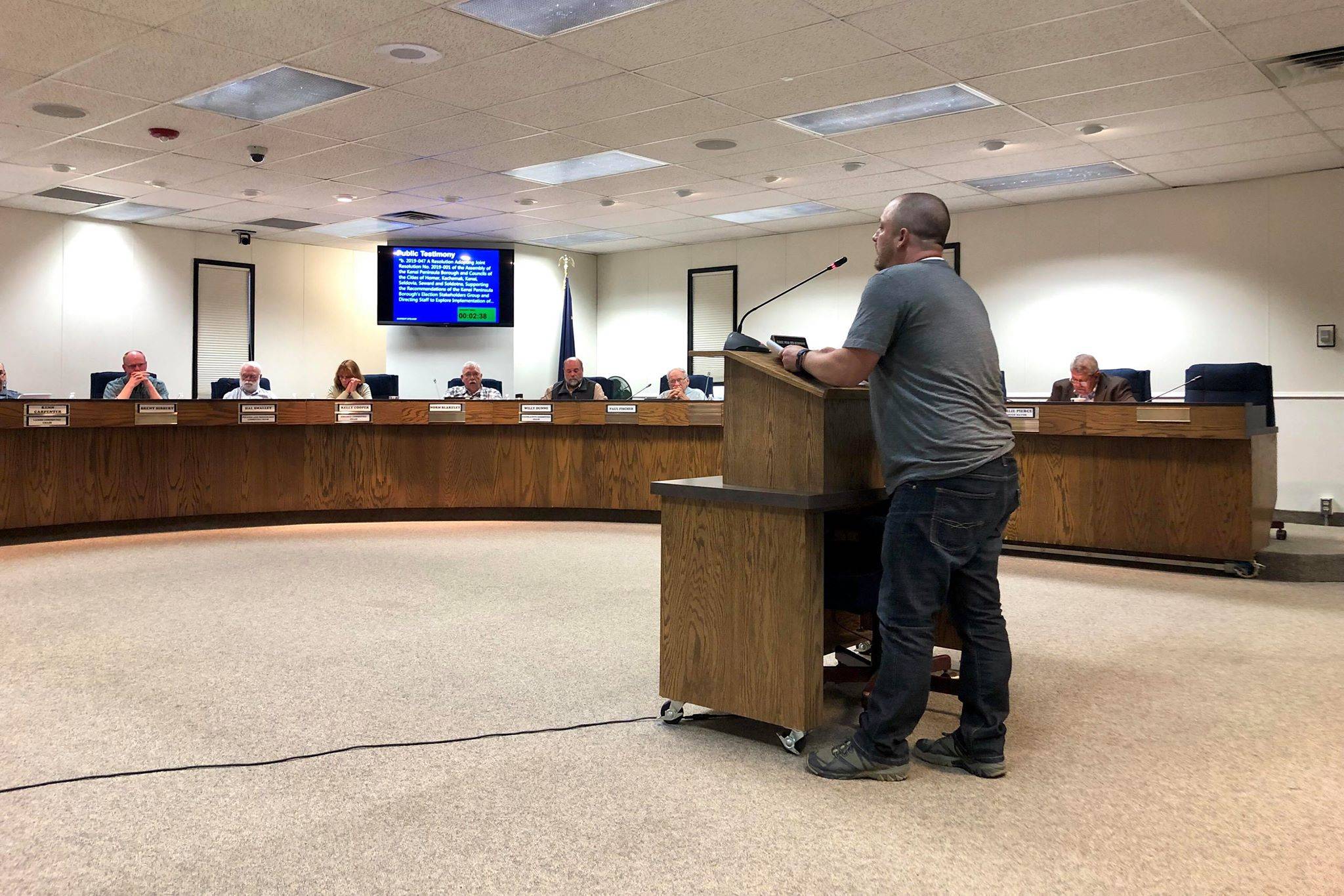 Soldotna resident Tyson Cox speaks in support of a joint resolution that recognizes recommendations made by the Election Stakeholders Group and tasks the borough clerk with exploring implementation of those recommendations at the Kenai Peninsula Borough Assembly meeting on Tuesday, Sept. 3, 2019, in Soldotna, Alaska. (Photo by Victoria Petersen/Peninsula Clarion)