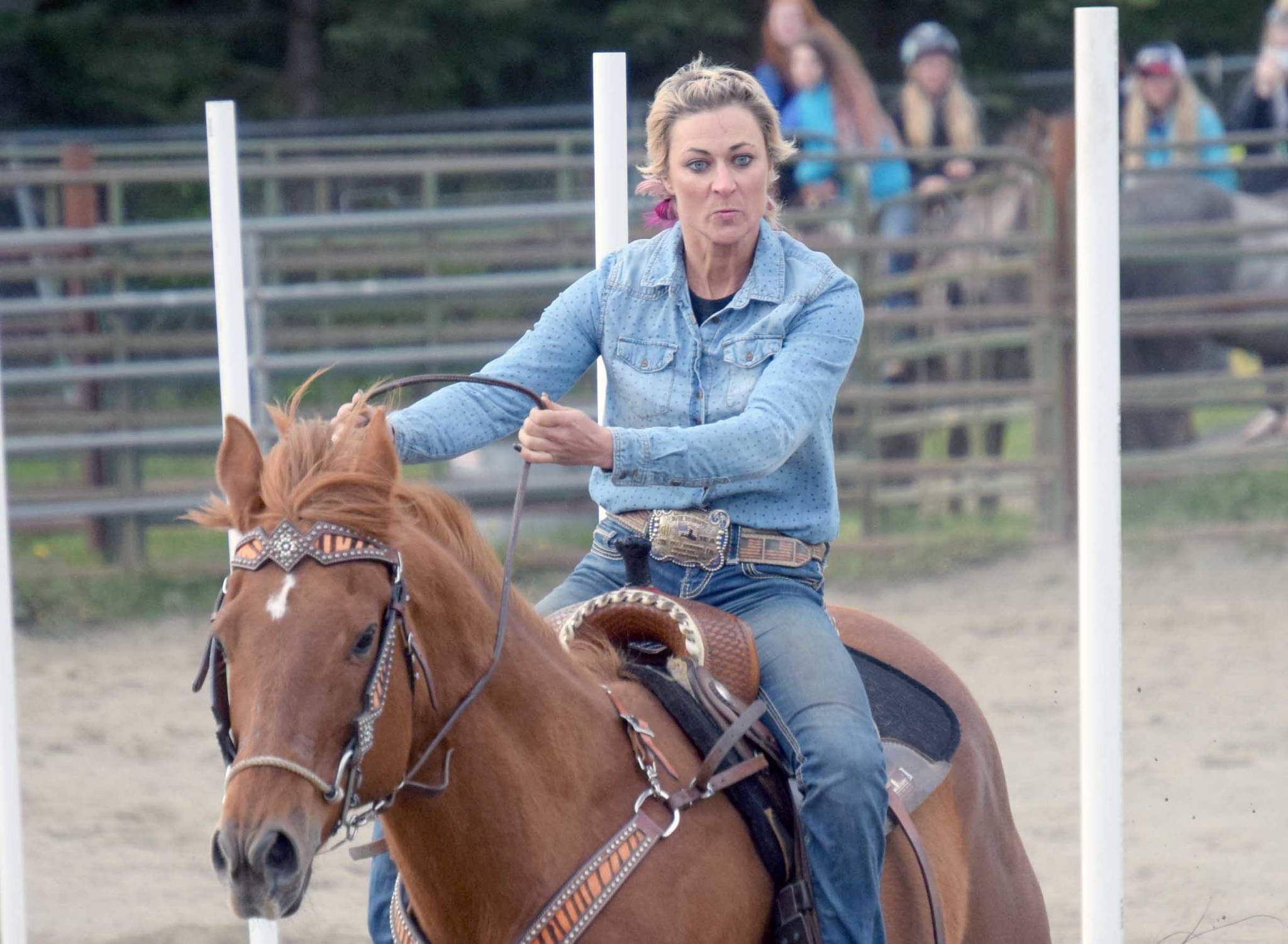 Corey Wilkinson competes in a jackpot race of the Last Frontier Barrel Racers on Friday, May 31, 2019, at the Soldotna Rodeo Grounds in Soldotna, Alaska. (Photo by Jeff Helminiak/Peninsula Clarion)