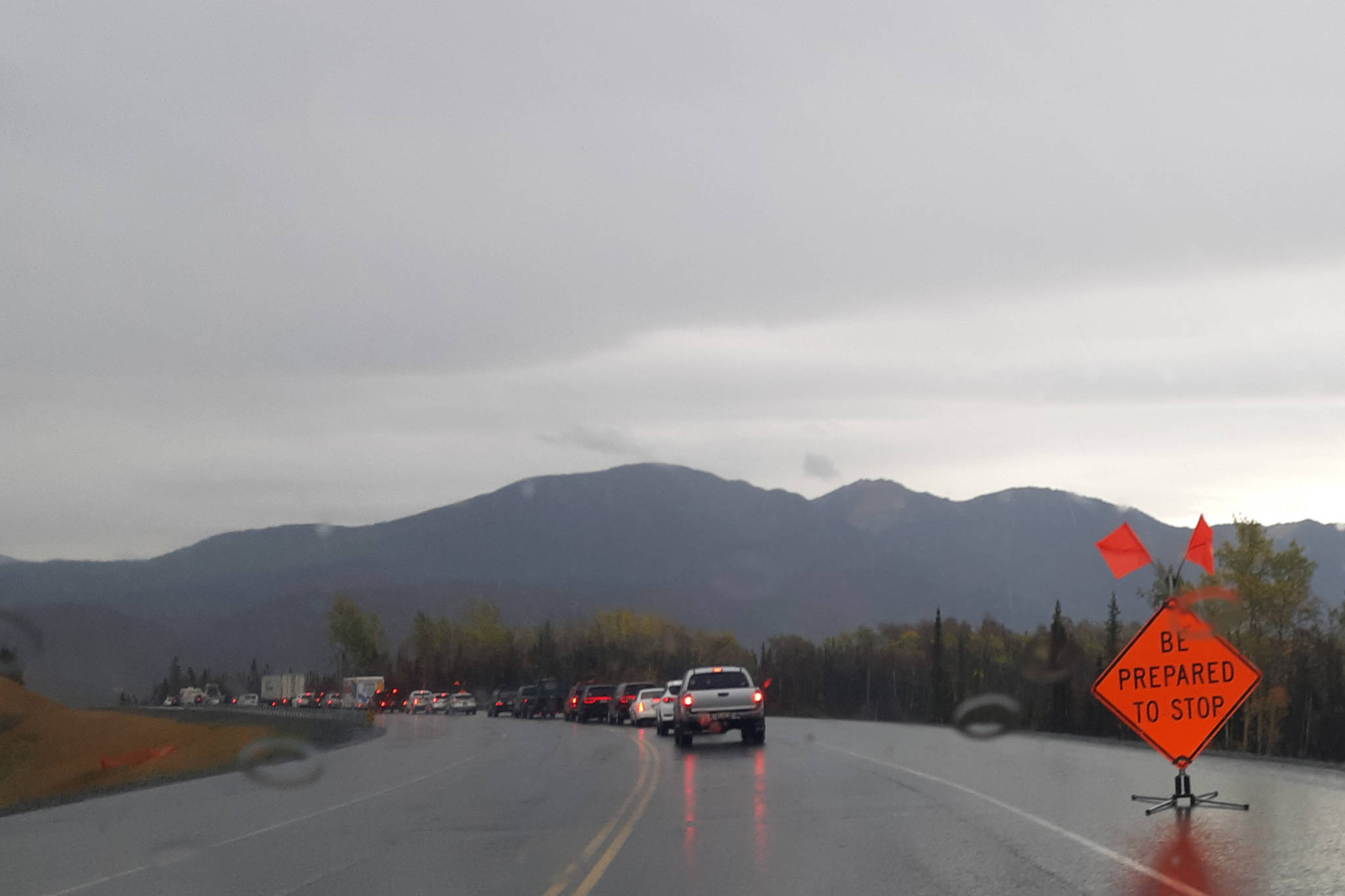 Cars can be seen lined up on the Sterling Highway, Alaska, on Saturday, Sept. 7, 2019. (Photo by Brian Mazurek/Peninsula Clarion)
