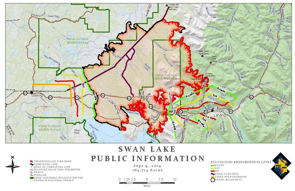 The updated Swan Lake Fire map shows the fire, which is measured to be nearly 164,000 acres, Monday, Sept. 9, 2019, in Soldotna, Alaska. (Photo courtesy Kenai Peninsula Borough Office of Emergency Management)