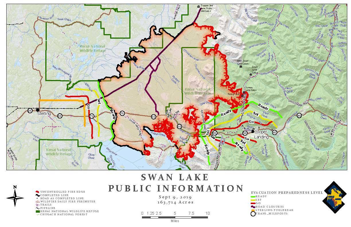 The updated Swan Lake Fire map shows the fire, which is measured to be nearly 164,000 acres, Monday, Sept. 9, 2019, in Soldotna, Alaska. (Photo courtesy Kenai Peninsula Borough Office of Emergency Management)