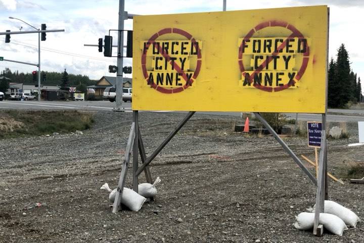 Signs along K-Beach Road, an area slated for annexation by the City of Soldotna, show opposition of the city’s efforts to expand its boundaries, on Wednesday, Sept. 11, 2019, near Soldotna, Alaska. (Photo by Victoria Petersen/Peninsula Clarion)