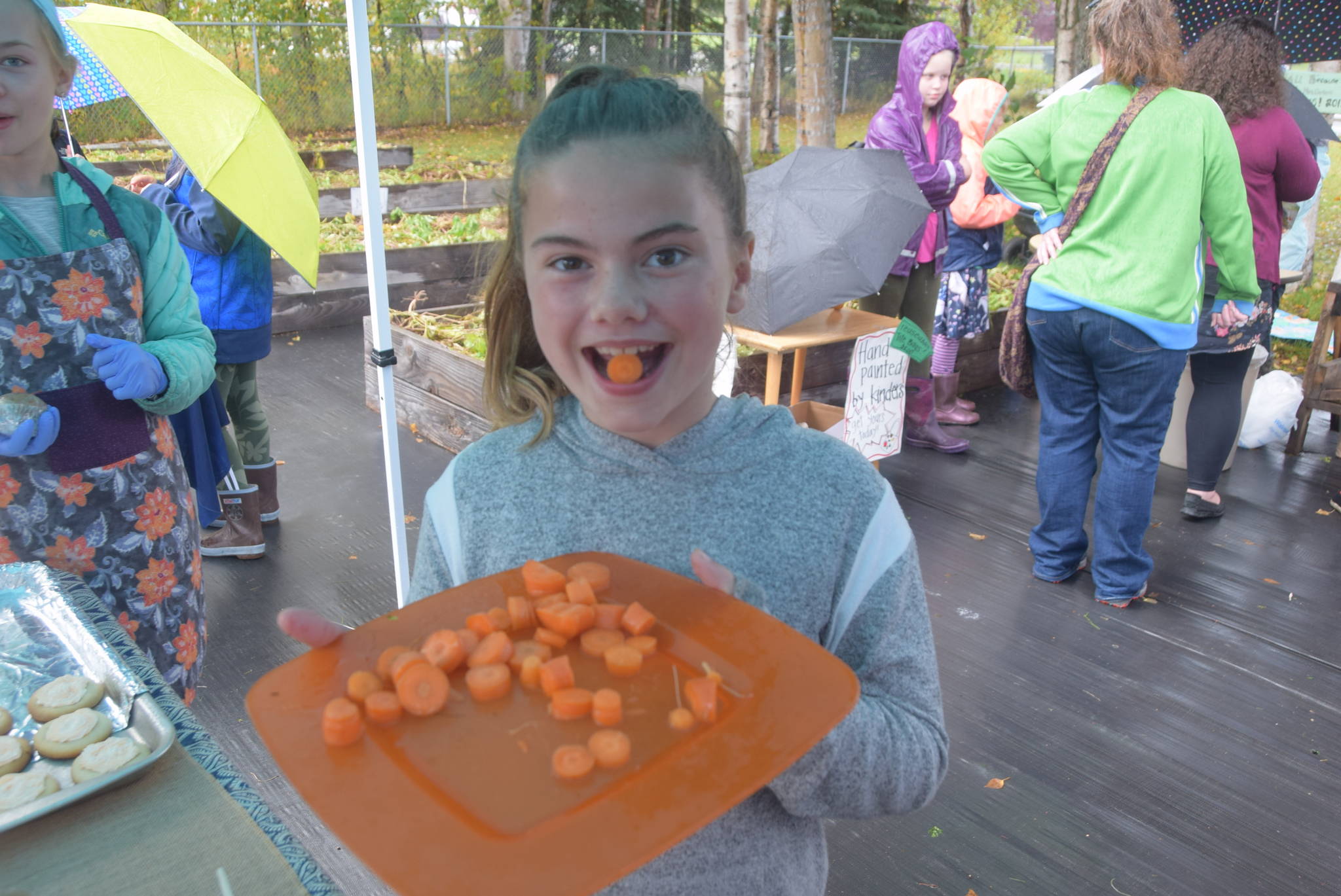 Fourth grader Shea Linton hands out free carrot samples at the Montessori Farmer’s Market at the Soldotna Montessori School on Sept. 13, 2019. (Photo by Brian Mazurek/Peninsula Clarion)