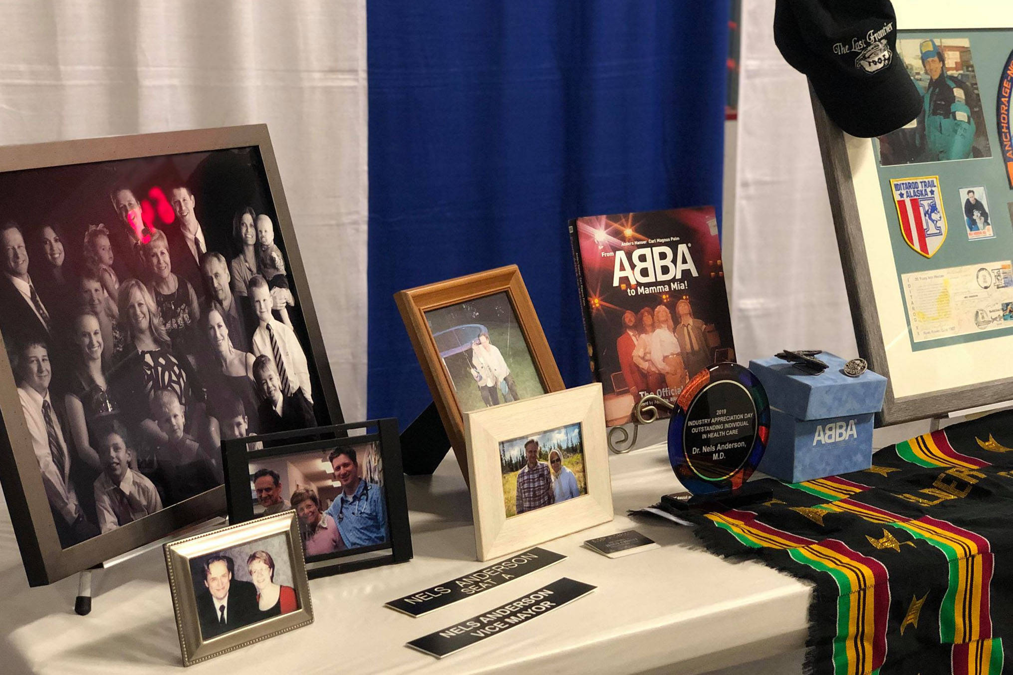 Memorabilia belonging to the late Dr. John ‘Nels’ Anderson, who was serving as Soldotna’s Mayor, were on display at the Soldotna Regional Sports Complex during a community memorial service, Monday night, in Soldotna, Alaska. (Photo by Victoria Petersen/Peninsula Clarion)
