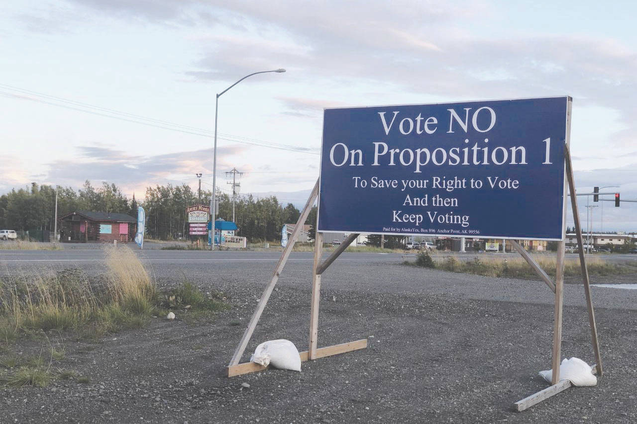 A sign in opposition to Proposition 1 stands along Kalifornsky Beach Road near Soldotna, Alaska, on Wednesday, Sept. 18, 2019. The ads were paid for by AlaskaYes according to the sign. The Alaska Public Offices Commission expedited an investigation into a complaint against Nikiski borough assembly candidate John Quick over his alleged involvement with the group. (Photo by Victoria Petersen/Peninsula Clarion)