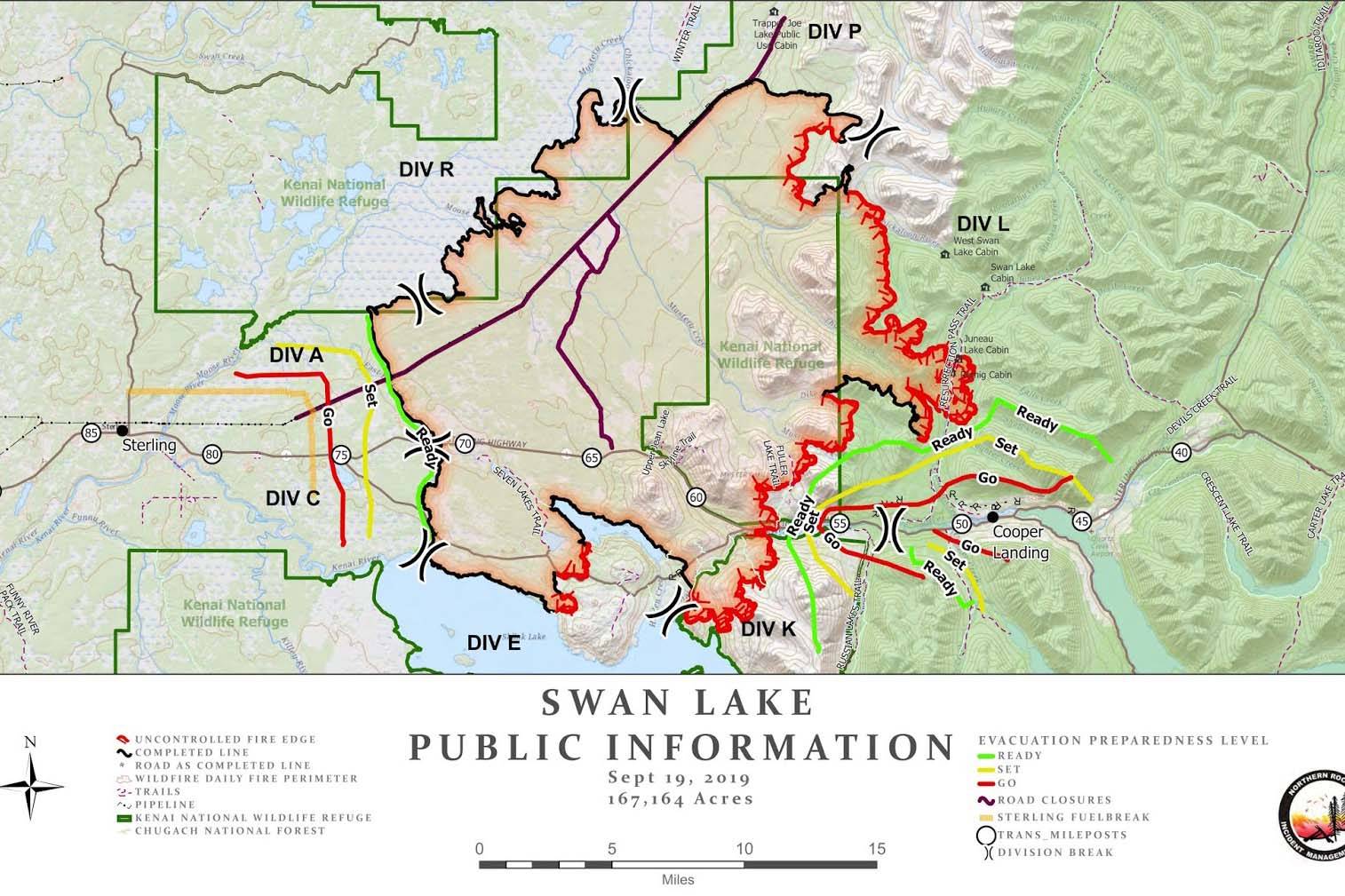 A map of the Swan Lake Fire as of Thursday, Sept. 19, 2019, on the Kenai Peninsula, Alaska. (Courtesy of Northern Rockies Incident Management Team)