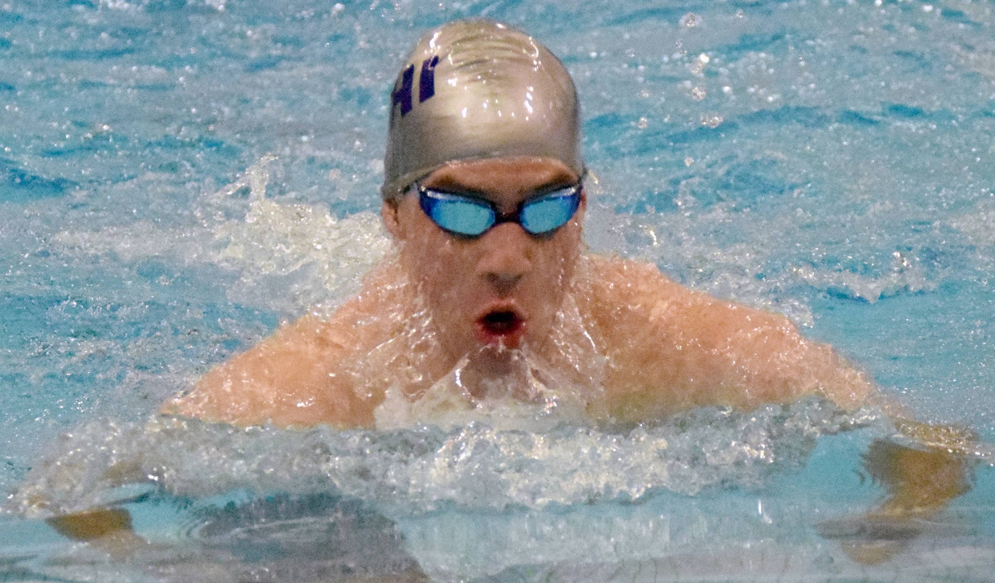 Soldotna’s Ethan Evans competes in the 50-yard breaststroke Friday, Sept. 20, 2019, in the 2019 SoHi Pentathlon at Soldotna High School in Soldotna, Alaska. (Photo by Jeff Helminiak/Peninsula Clarion)