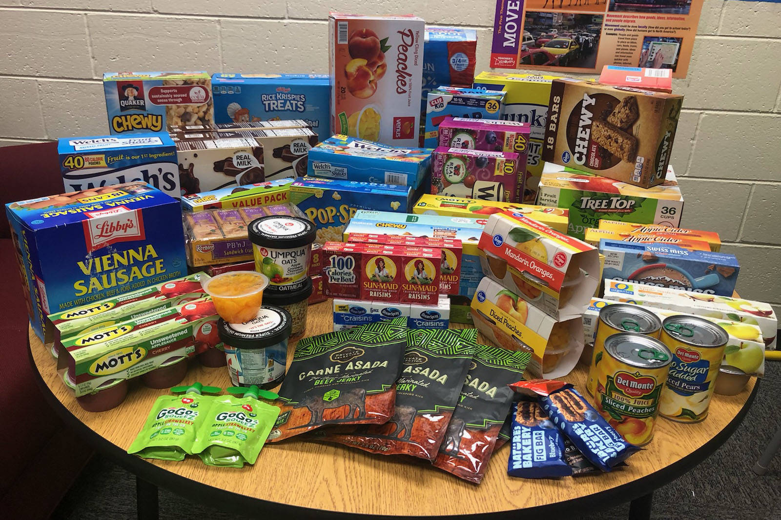 The food collected during Skyview Middle School’s snack drive can be seen here at Skyview Middle School in Soldotna, Alaska on Sept. 20, 2019. (Photo courtesy Sheilah-Margaret Pothast)