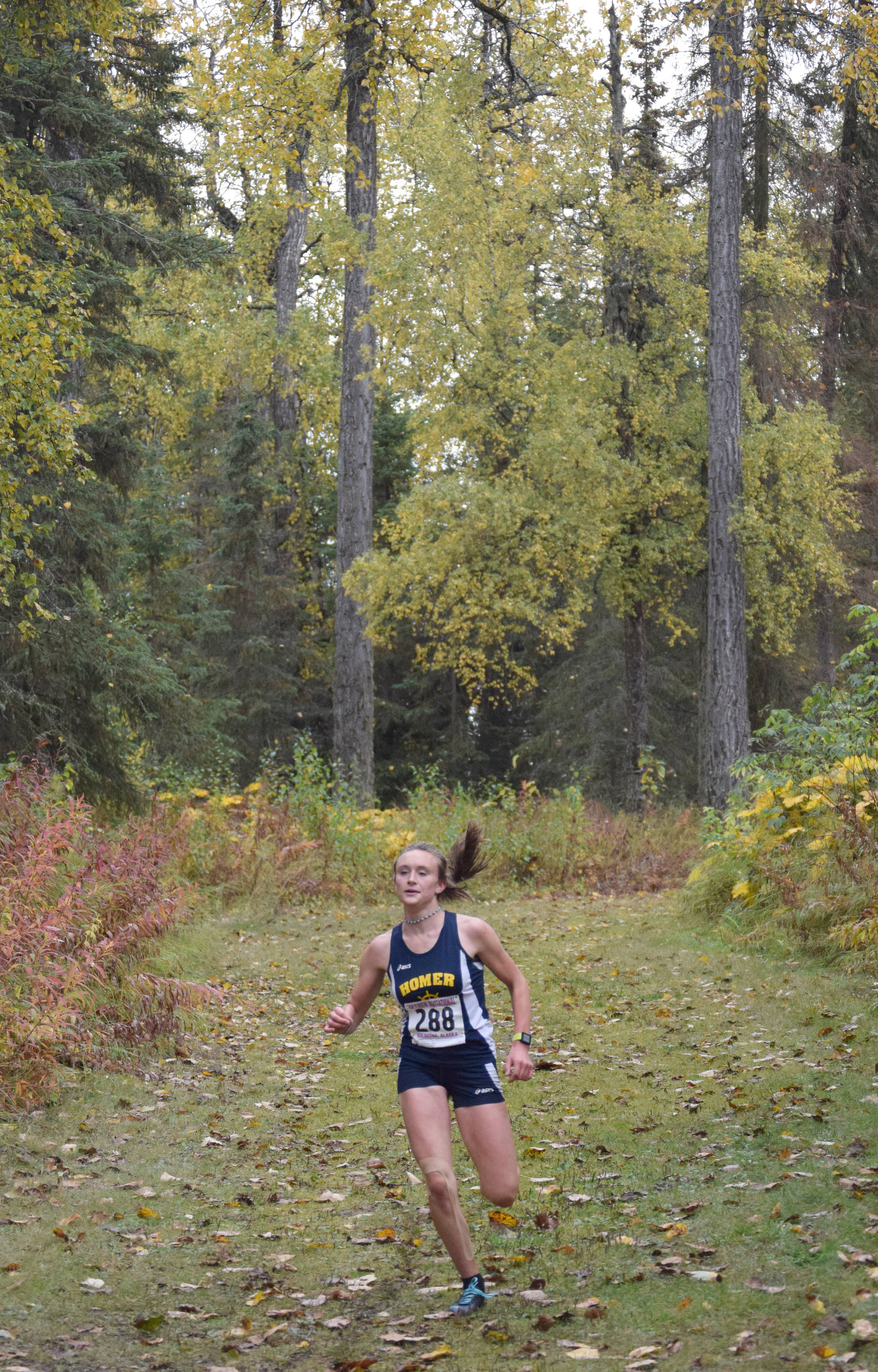 Homer’s Autumn Daigle runs to victory in the girls varsity race Saturday at Tsalteshi Trails. (Photo by Jeff Helminiak/Peninsula Clarion)