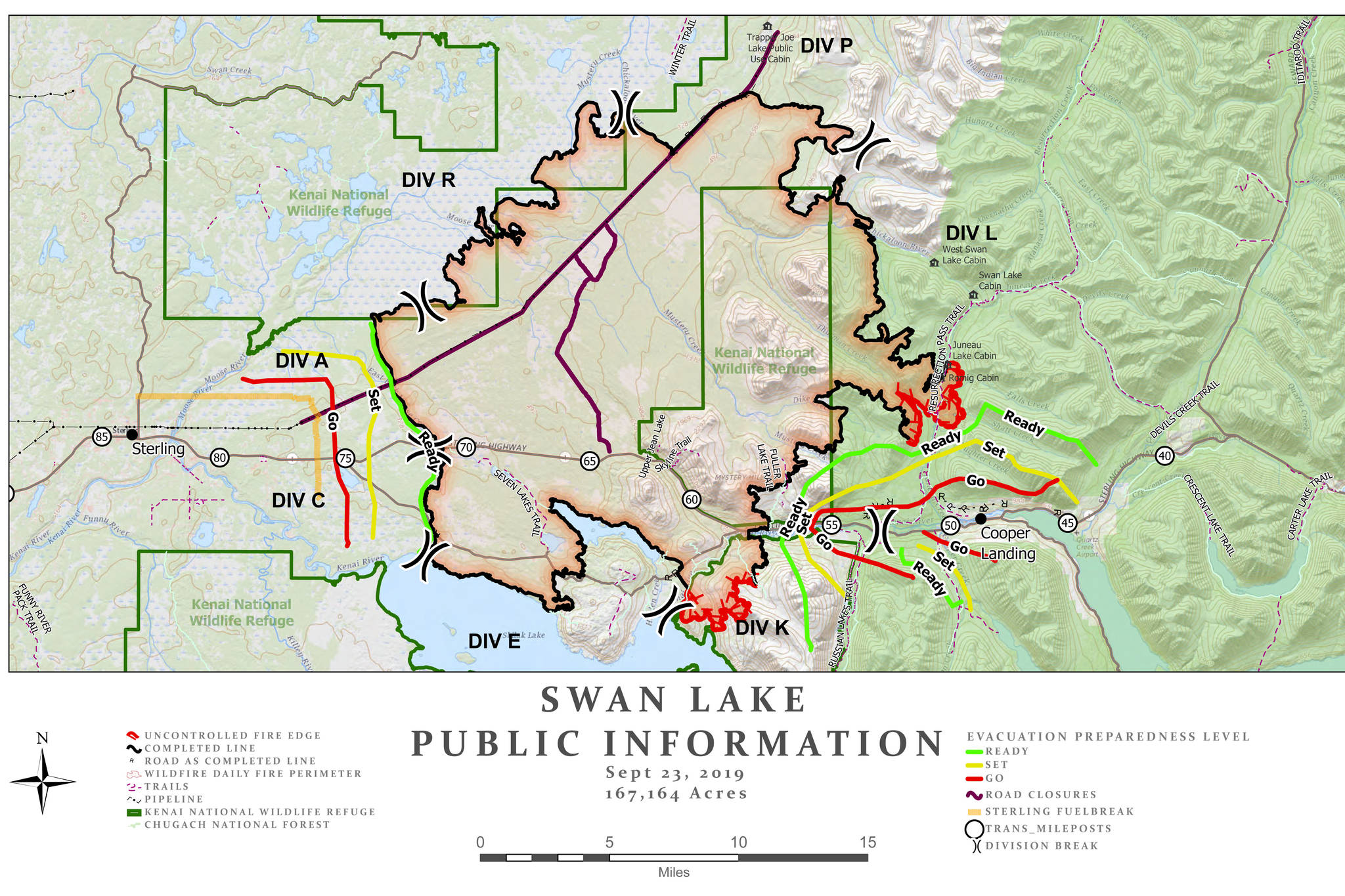 A map of the Swan Lake Fire as of Sept. 23, 2019. (Courtesy Alaska Type 3 Organization)