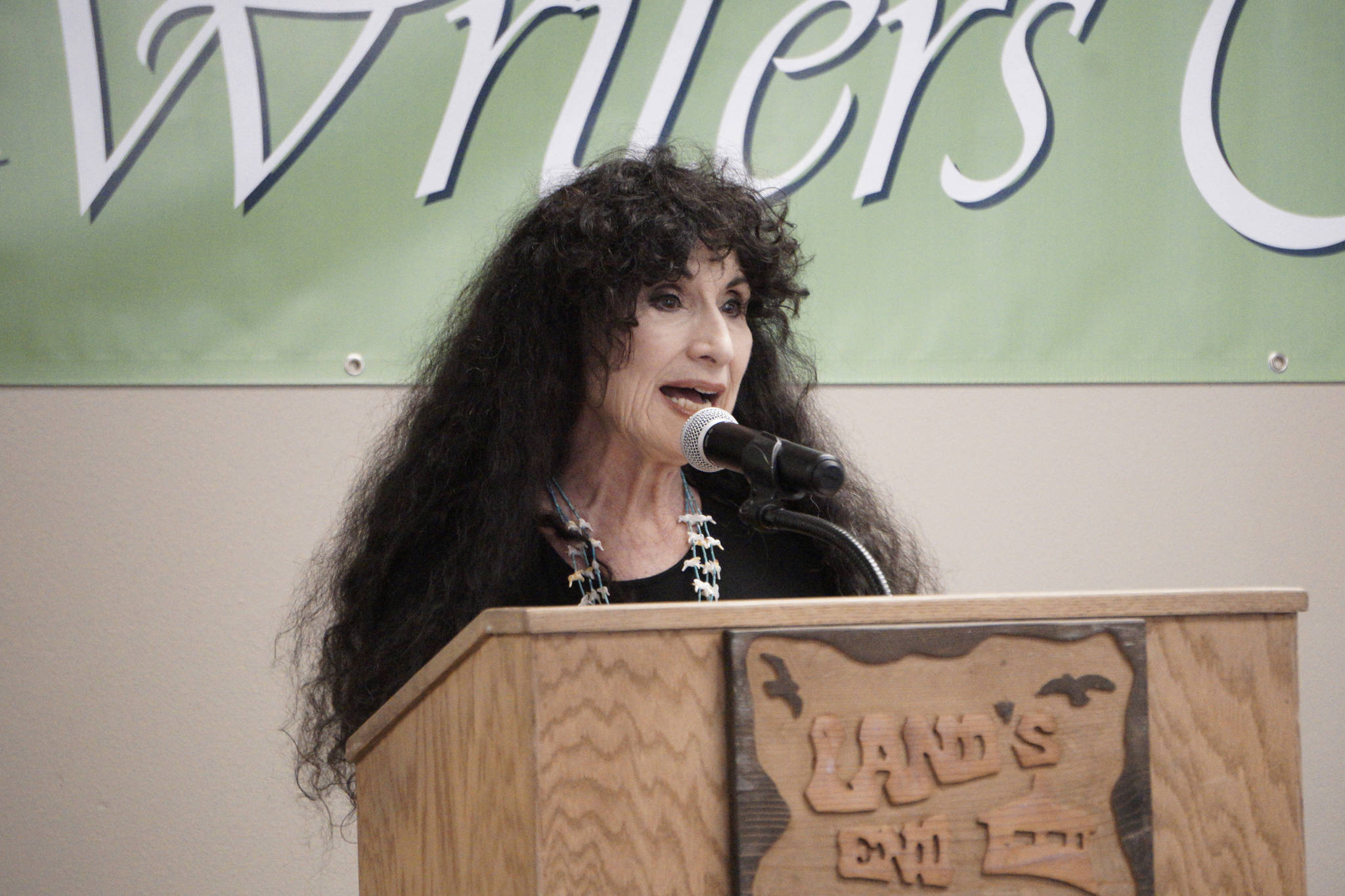 Photo by Michael Armstrong/Homer News                                Poet and writer Diane Ackerman delivers the keynote address on June 14 at the opening of the Kachemak Bay Writers’ Conference at Land’s End Resort in Homer. Ackerman spoke about the historical background for her book, “The Zookeeper’s Wife.”