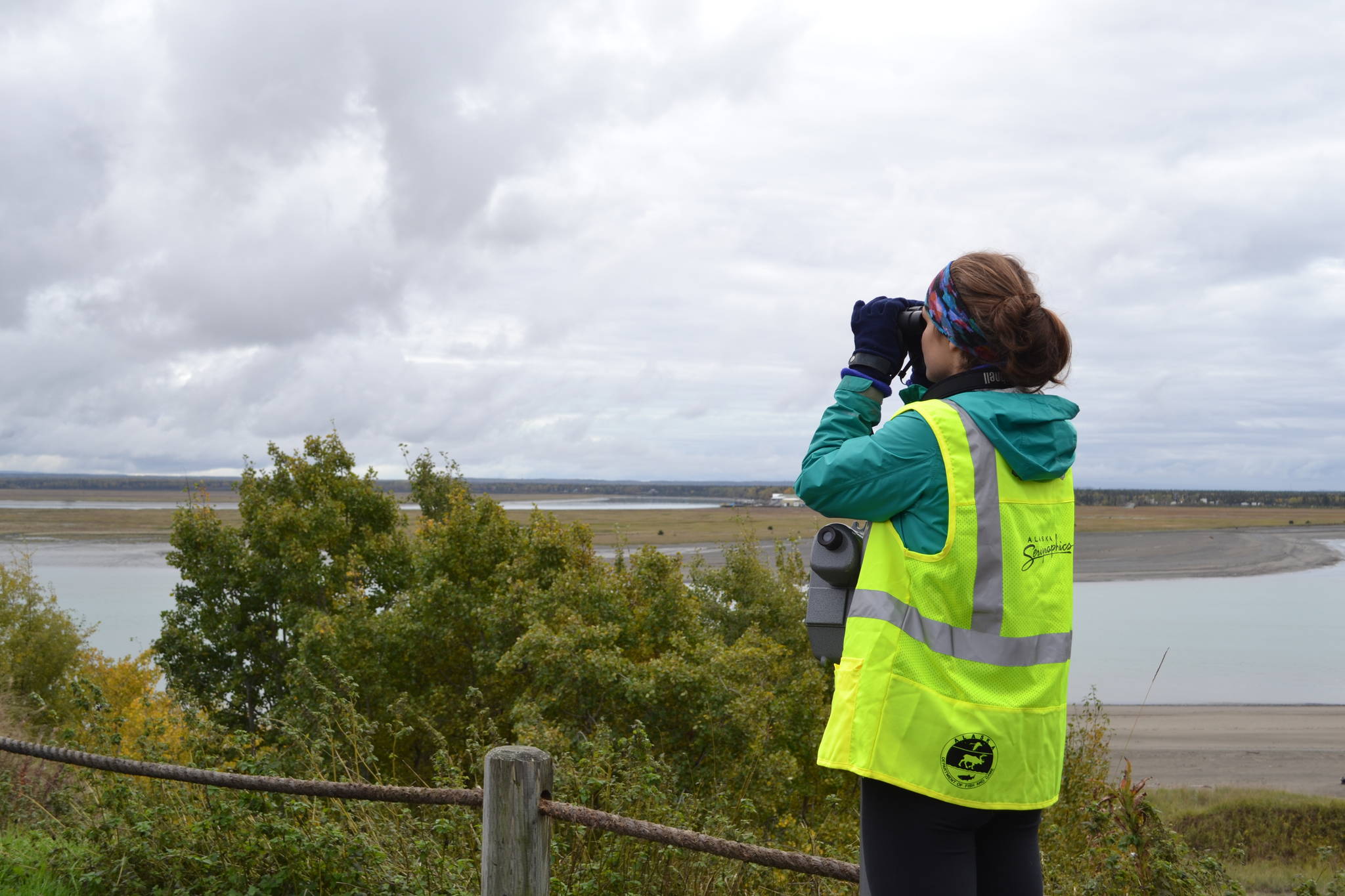 Brian Mazurek / Peninsula Clarion                                Alaska Wildlife Alliance member Grace Kautek looks out over the Kenai River for signs of belugas during the third annual Belugas Count! event at Erik Hansen Scout Park in Kenai on Saturday.