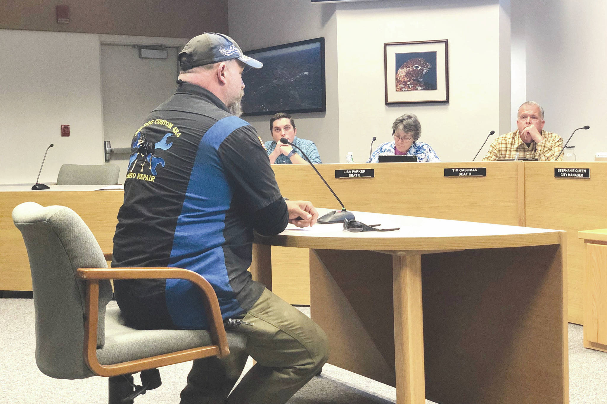 Borough Residents Against Annexation President Matthew Lay encourages the Soldotna City Council to postpone a vote to move forward with annexation efforts until after the city has elected new council members and a new mayor, on Thursday, Sept. 26, 2019, in Soldotna, Alaska. (Photo by Victoria Petersen/Peninsula Clarion)