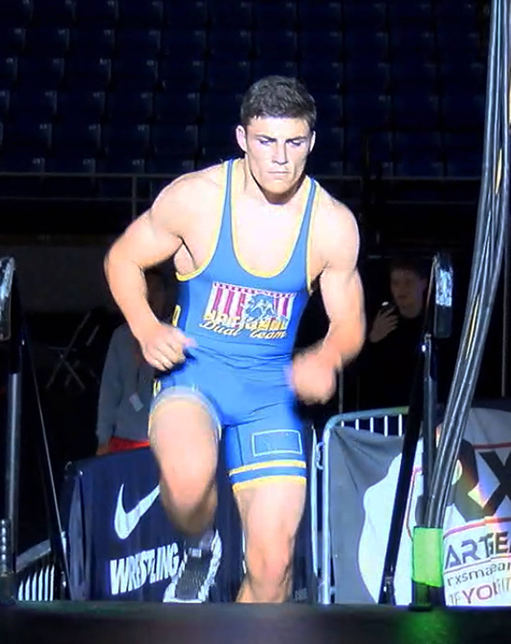 Former Kenai Central wrestler Jacob Anderson runs out to compete at the USA Wrestling Marines Junior National Championships in Fargo, North Dakota. (Photo provided by Jacob Anderson)