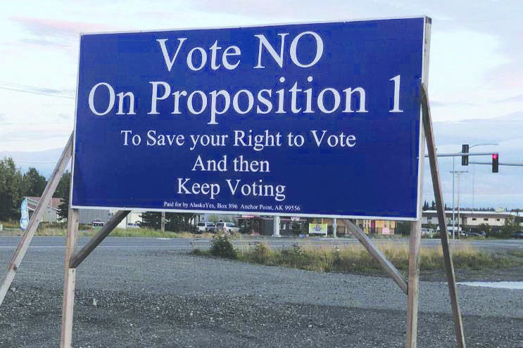 A sign opposing Proposition 1 stands along Kalifornsky Beach Road near Soldotna, Alaska, on Wednesday, Sept. 18, 2019. The ads were paid for by AlaskaYes, according to a disclaimer on the sign. (Photo by Victoria Petersen/Peninsula Clarion)