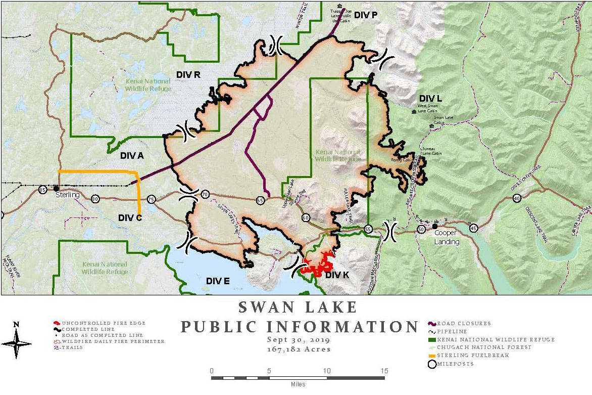 A map of the Swan Lake Fire as of Monday, Sept. 30, 2019. (Courtesy Alaska Type 3 Incident Management Team)