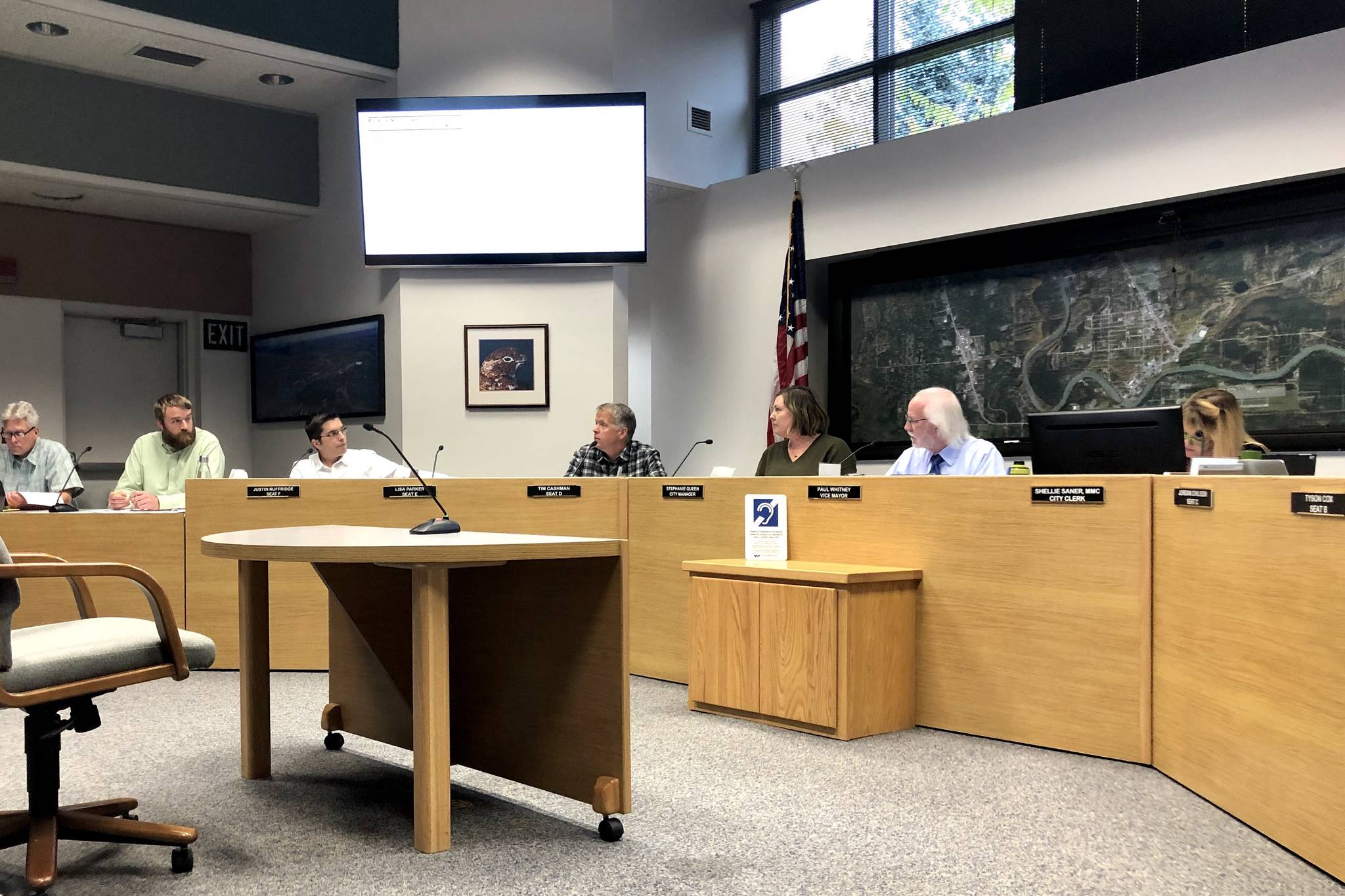 Soldotna City Council members are pictured on Thursday, Sept. 12, 2019 at Soldotna City Hall in Soldotna, Alaska. The council voted to postpone a resolution that would authorize the city manager to submit a petition to annex to the state’s Local Boundary Commission. (Photo by Victoria Petersen/Peninsula Clarion)