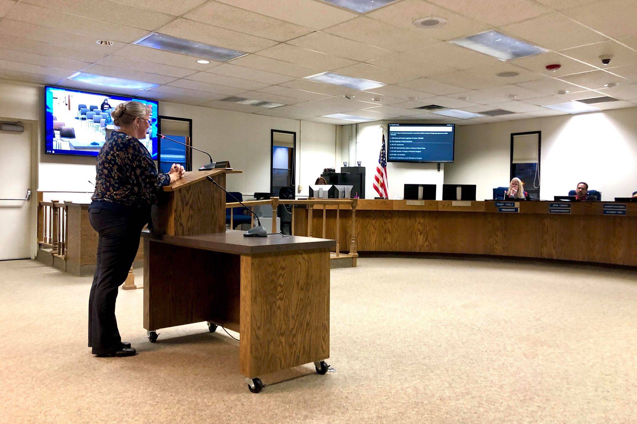 Kenai Peninsula Education Support Association Anne McCabe speaks to the Kenai Peninsula Borough School District Board of Education in support of approving employee contracts negotiated last month, Monday, Oct. 7, 2019, in Soldotna, Alaska. (Photo by Victoria Petersen/Peninsula Clarion)