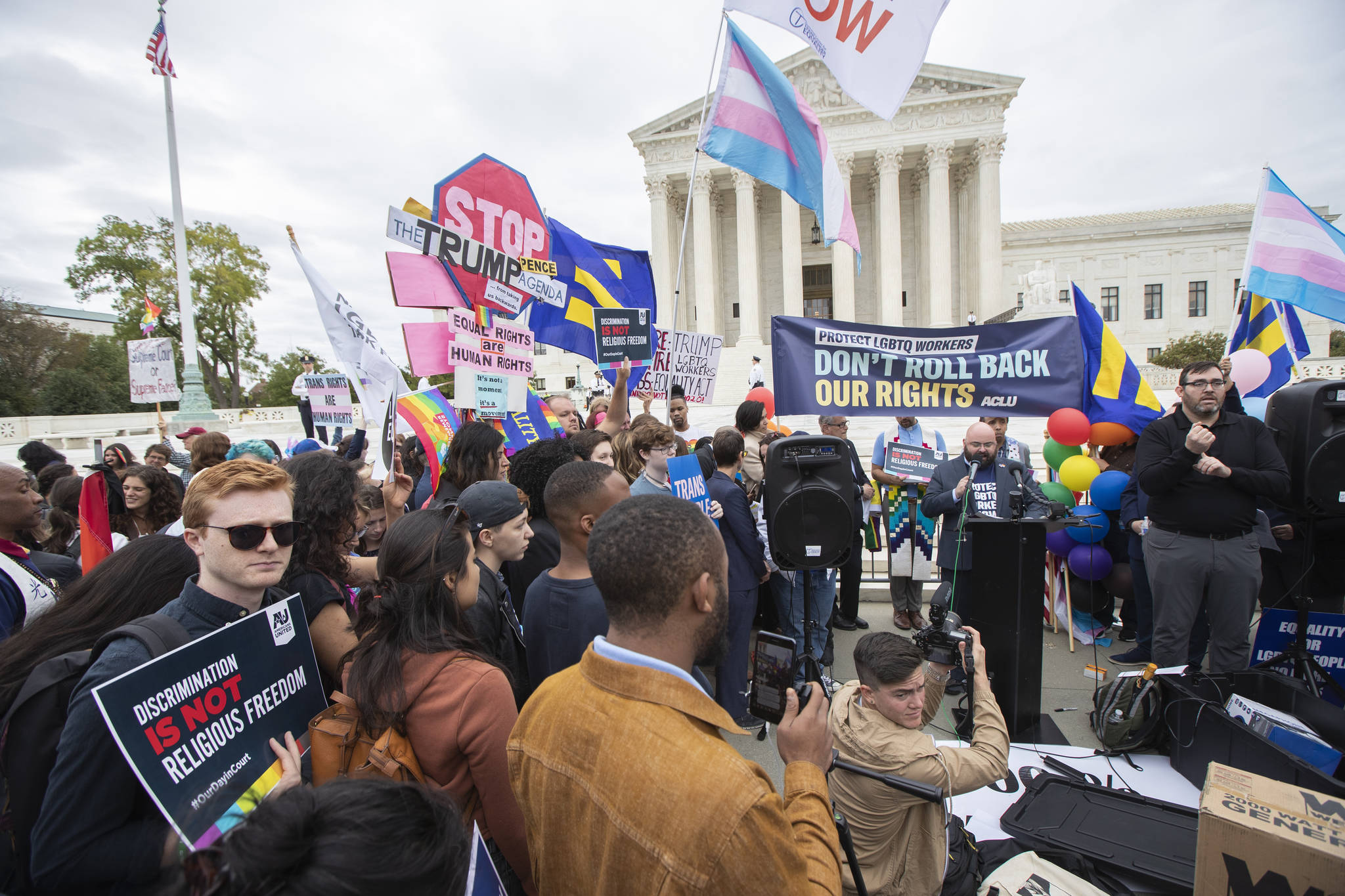 Manuel Balce Ceneta / Associated Press                                LGBT supporters gather in front of the U.S. Supreme Court on Tuesday in Washington. The Supreme Court heard arguments in its first cases on LGBT rights since the retirement of Justice Anthony Kennedy. Kennedy was a voice for gay rights while his successor, Brett Kavanaugh, is regarded as more conservative.