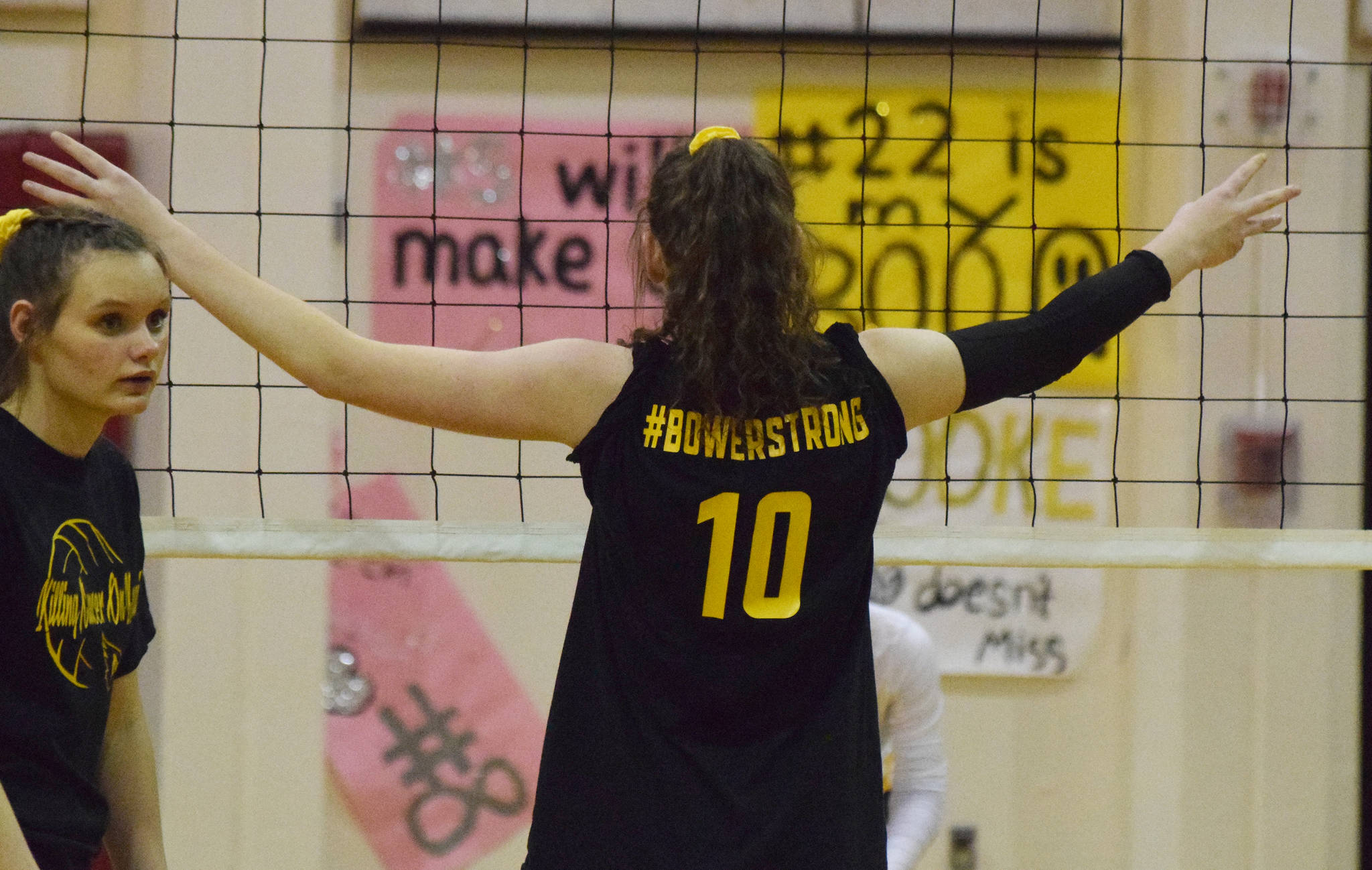 The phrase #Bowerstrong adorns the back of Kenai’s Abby Every, Tuesday, Oct. 8, 2019, at Kenai Central High School in Kenai, Alaska. (Photo by Joey Klecka/Peninsula Clarion)