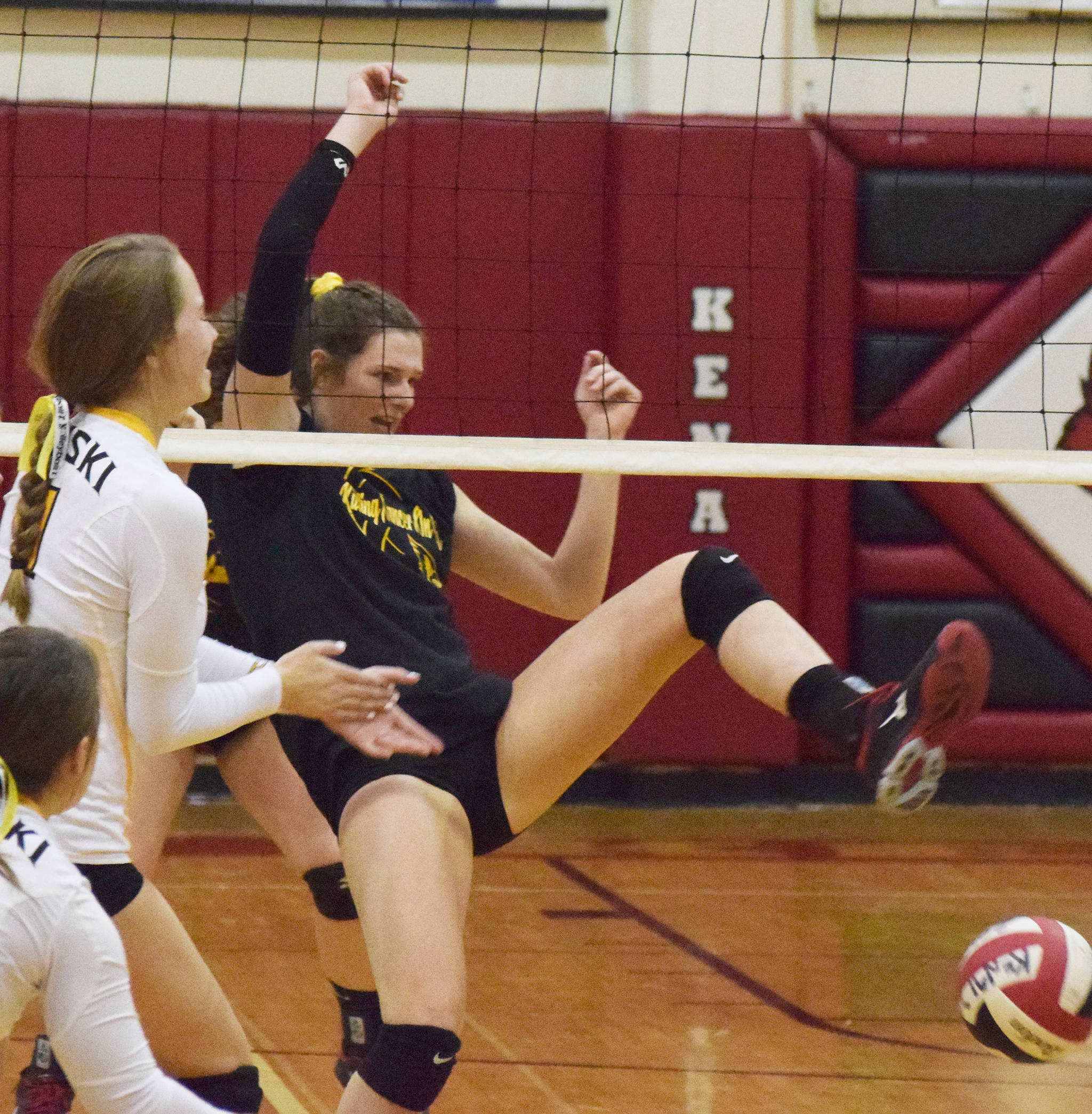 Kenai’s Abby Every tries to corral a loose ball Tuesday, Oct. 8, 2019, against Nikiski at Kenai Central High School in Kenai, Alaska. (Photo by Joey Klecka/Peninsula Clarion)