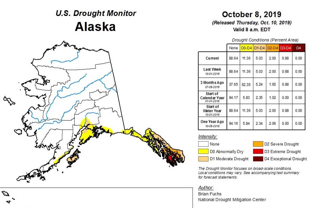 A map show drought conditions through the state of Alaska for the week of Oct. 8, 2019. (U.S. Drought Monitor)