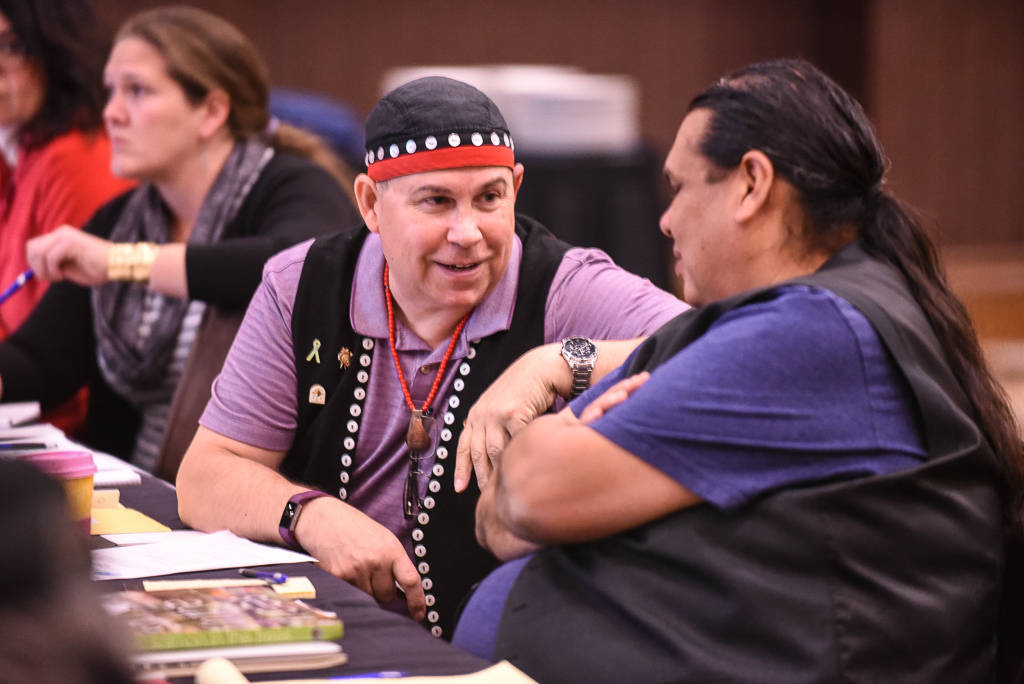 SEITC Chair Rob Sanderson Jr., center, and Reuben George, of the Sacred Trust, Tsleil-Waututh Nation at the Southeast Alaska Indigenous Transboundary Commission meeting at the Lummi Reservation in Ferndale, Wash. (Courtesy photo | Jeff Gibbs)